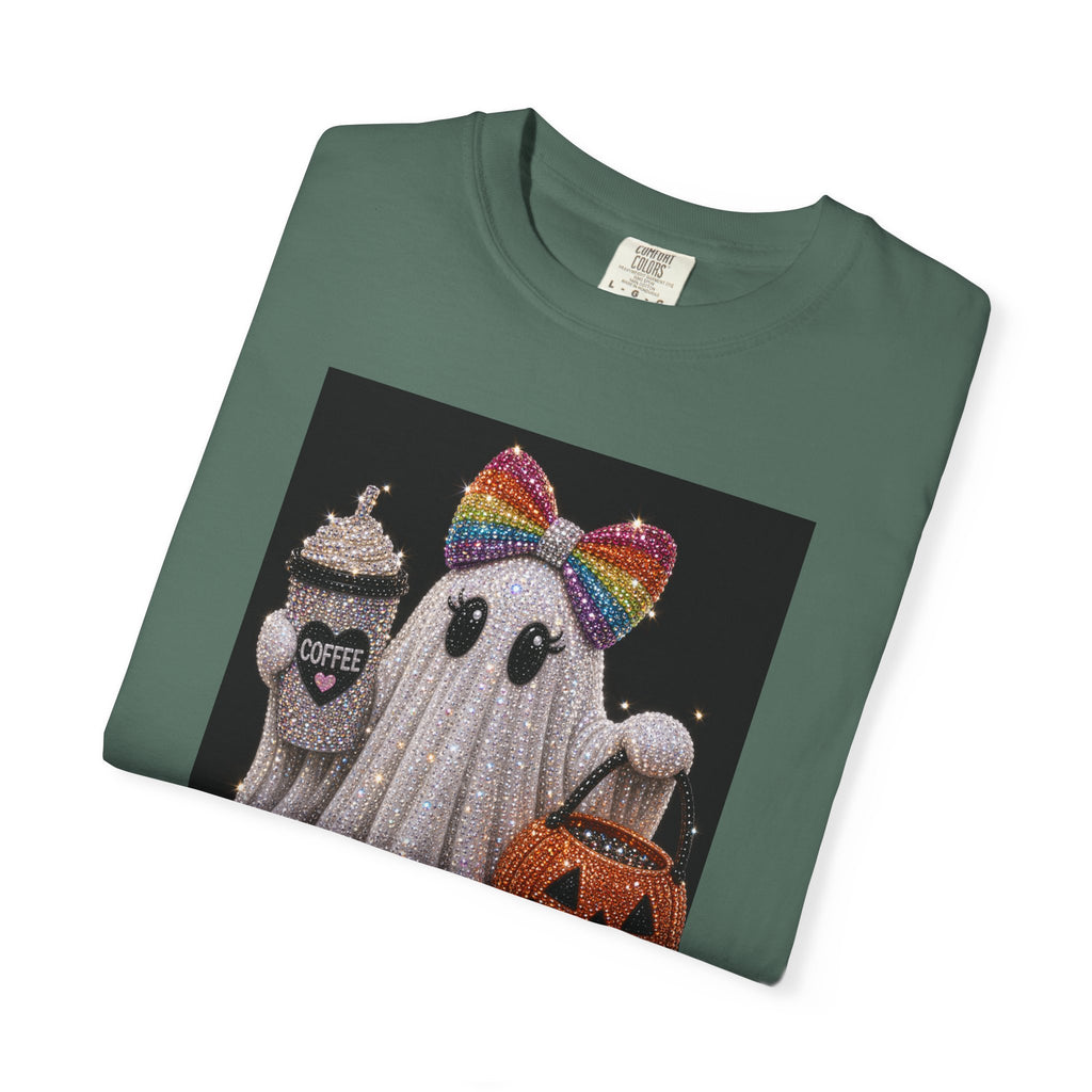Halloween Ghost T-Shirt — Glitter Ghost with Rainbow Bow, Pumpkin & Coffee