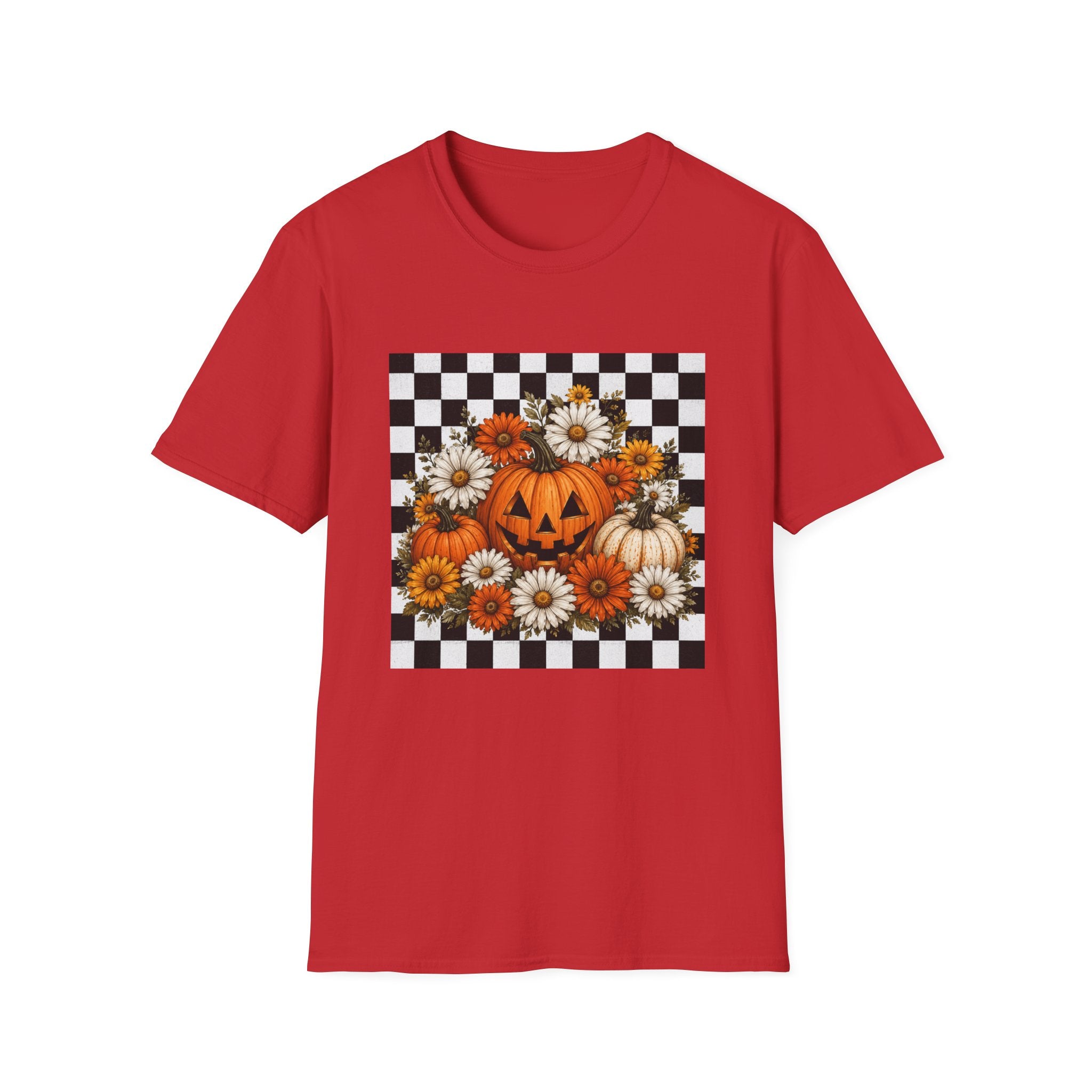 Halloween Pumpkin Floral T-Shirt — Checkerboard Jack-O'-Lantern Design