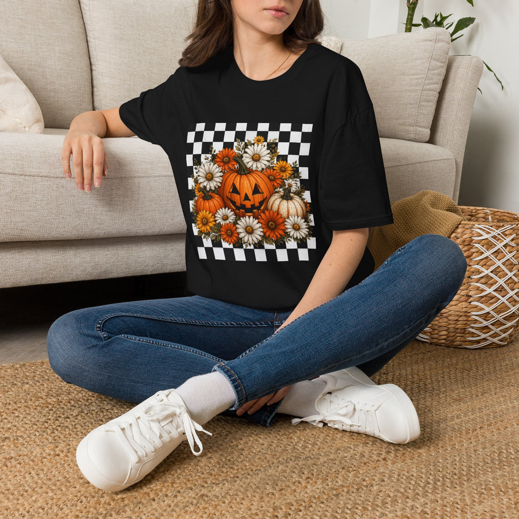 Halloween Pumpkin Floral T-Shirt — Checkerboard Jack-O'-Lantern Design