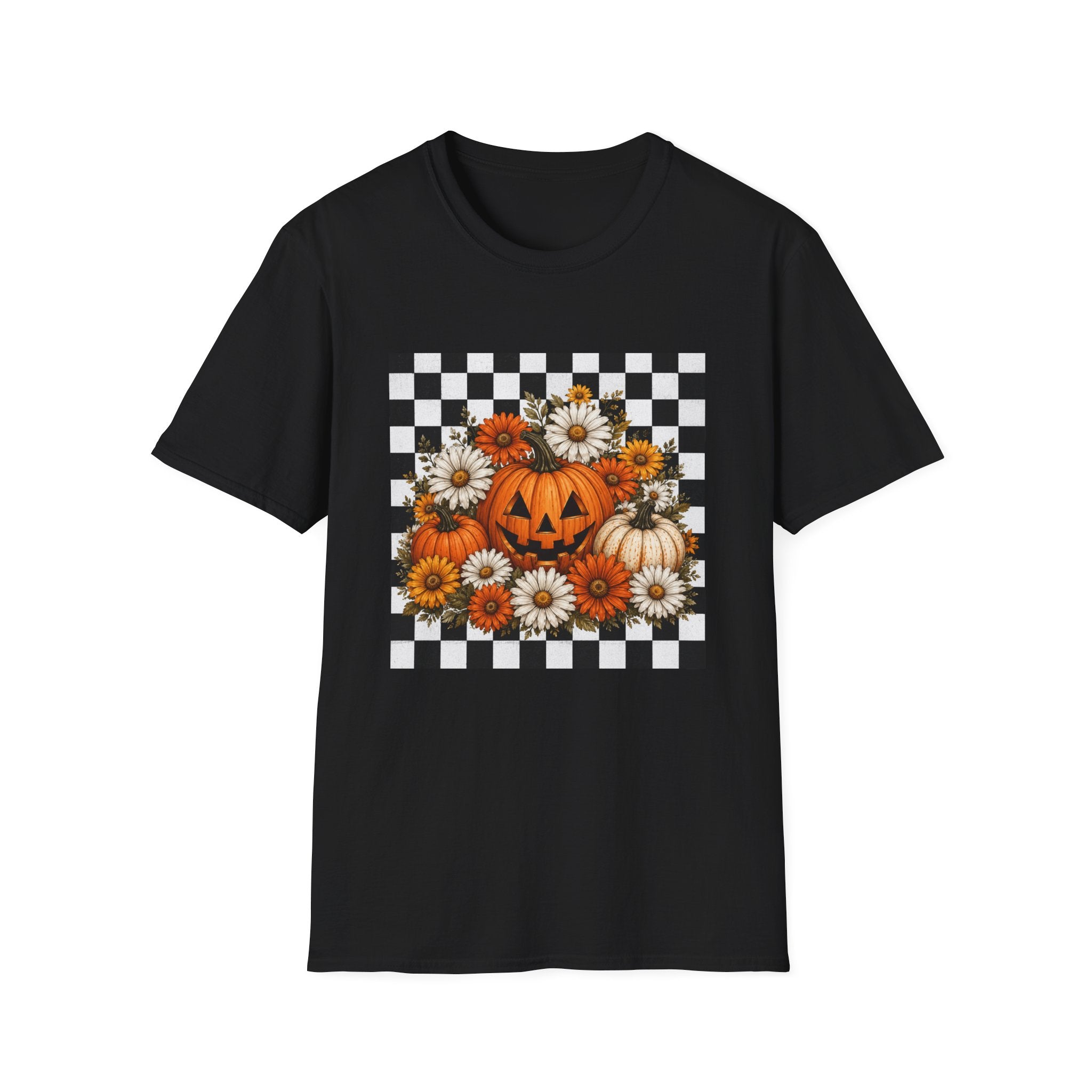 Halloween Pumpkin Floral T-Shirt — Checkerboard Jack-O'-Lantern Design