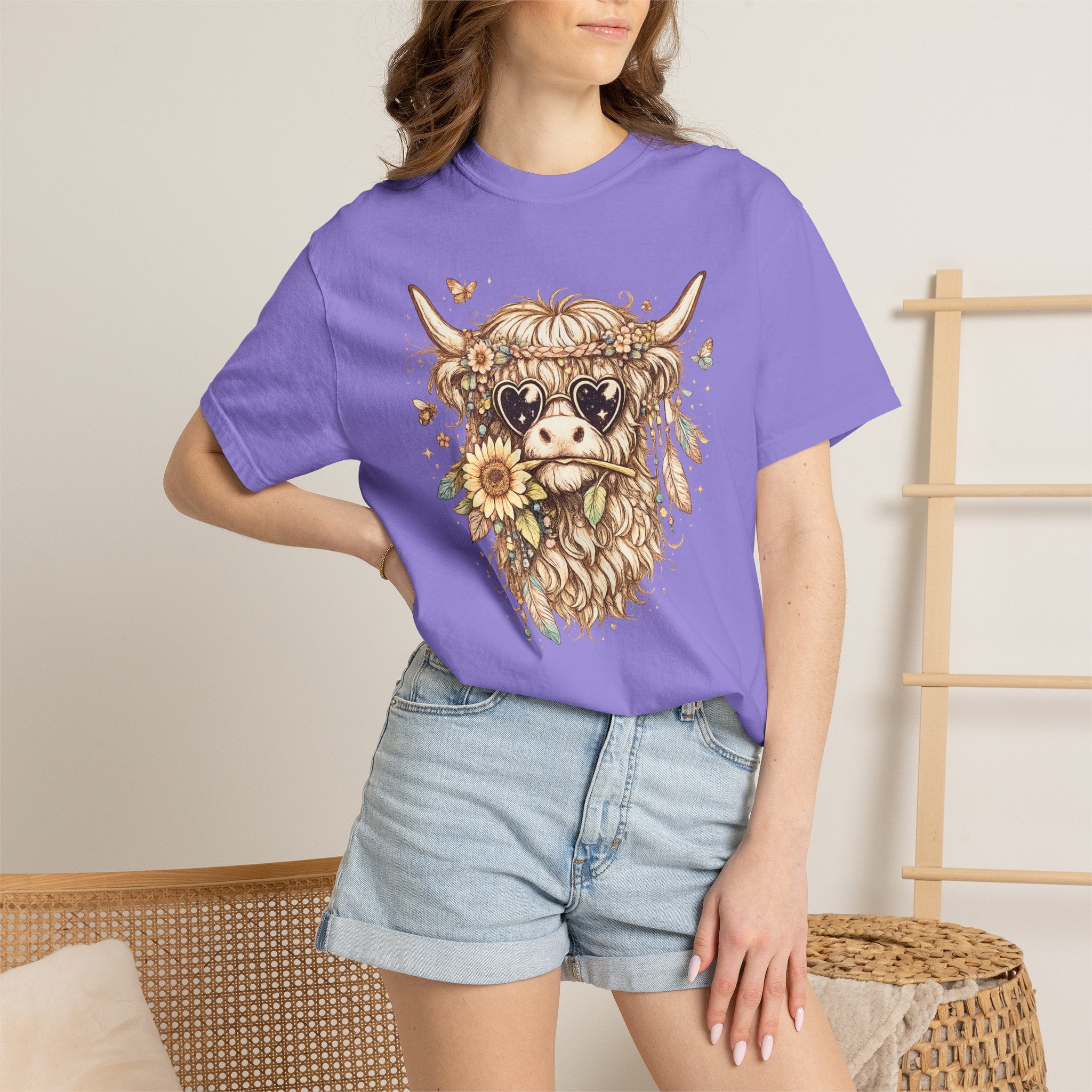 Highland Cow Floral T‑Shirt — Sunflower Boho Highland Cattle Tee