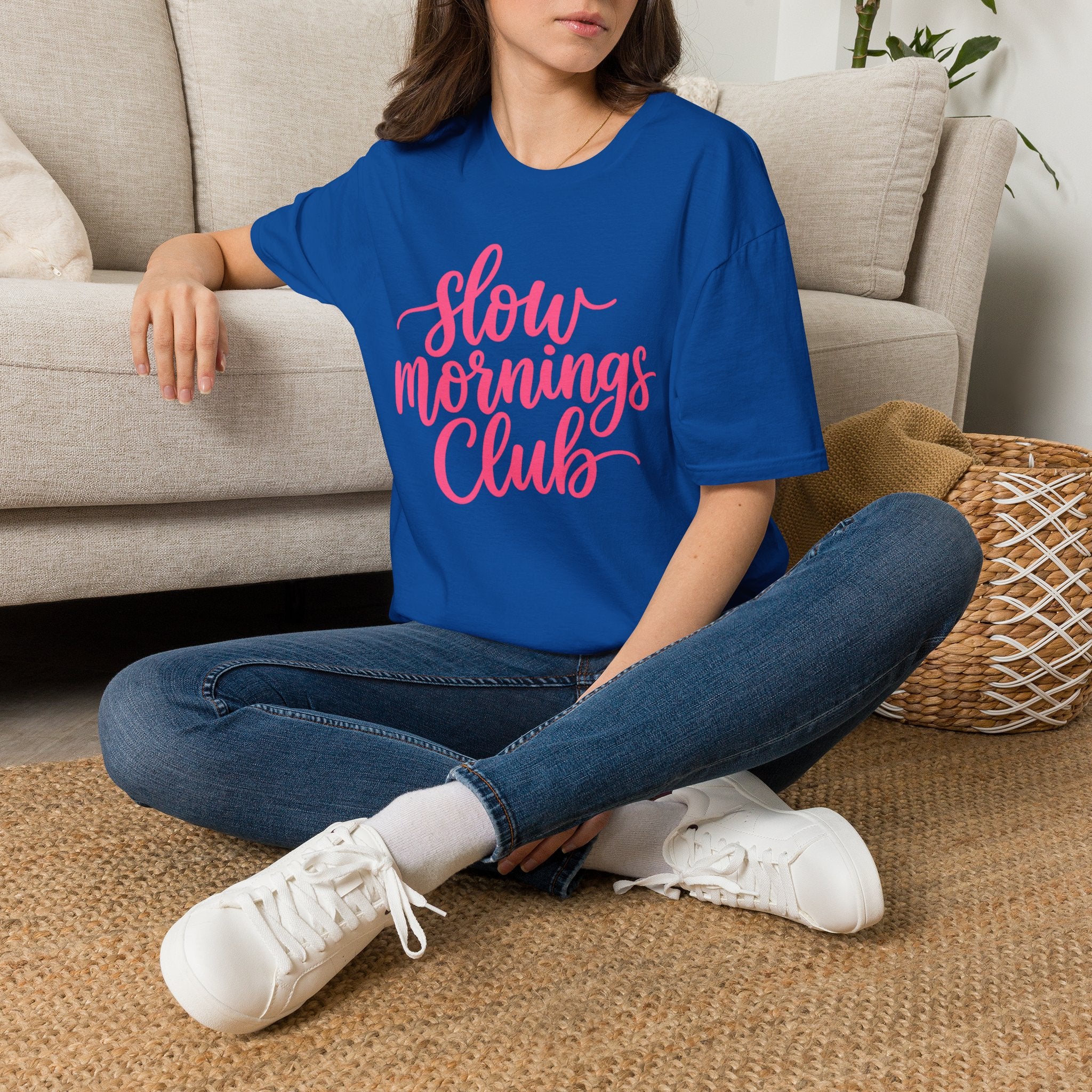 Slow Mornings Club Tee — Relaxed Graphic T-Shirt with Pink Script