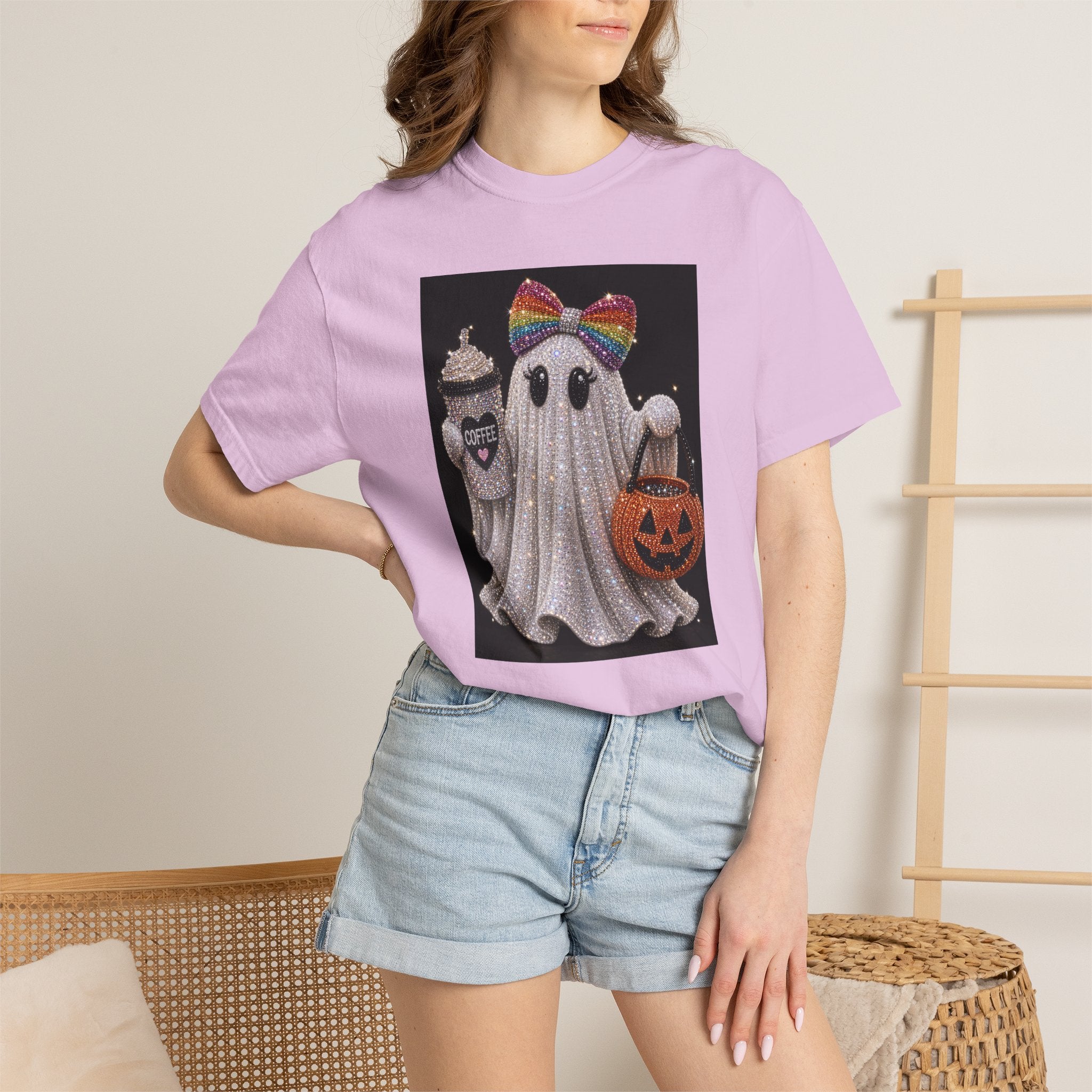 Halloween Ghost T-Shirt — Glitter Ghost with Rainbow Bow, Pumpkin & Coffee