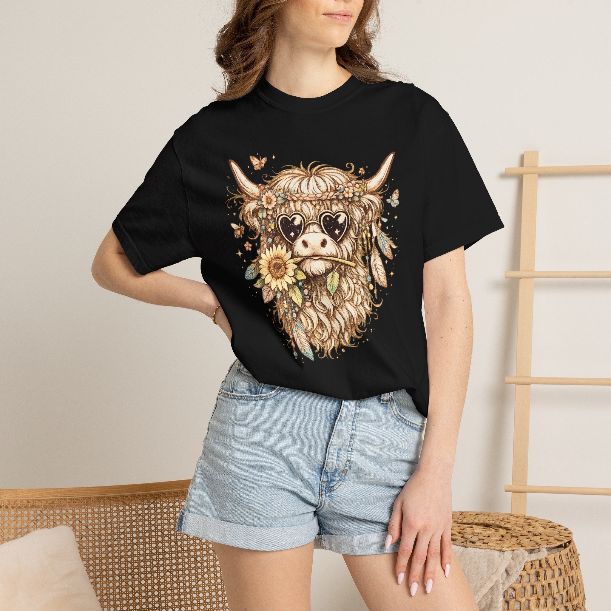 Highland Cow Floral T‑Shirt — Sunflower Boho Highland Cattle Tee