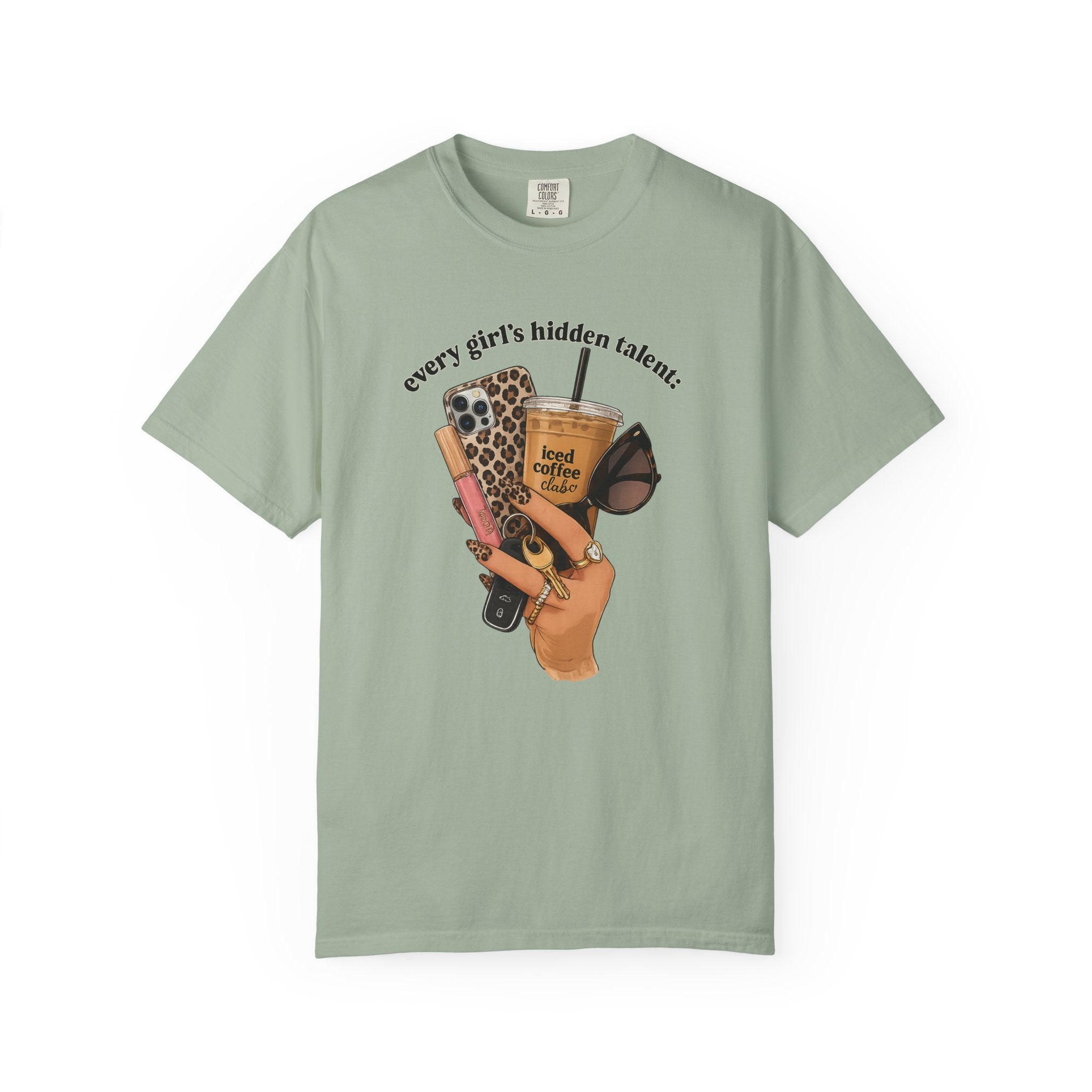 T-Shirt — Every Girl’s Hidden Talents Graphic Tee (coffee, makeup, phone, sunglasses)
