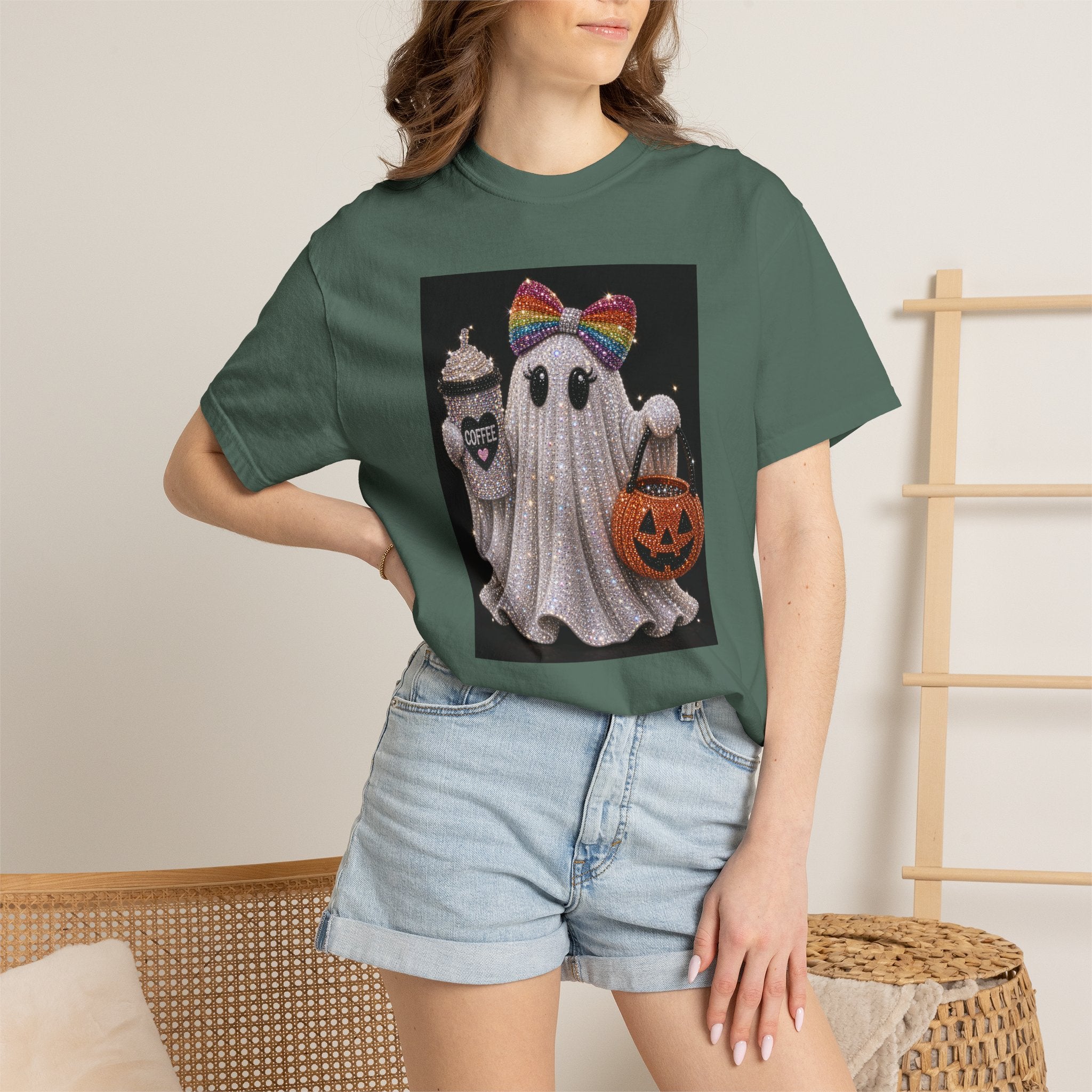 Halloween Ghost T-Shirt — Glitter Ghost with Rainbow Bow, Pumpkin & Coffee