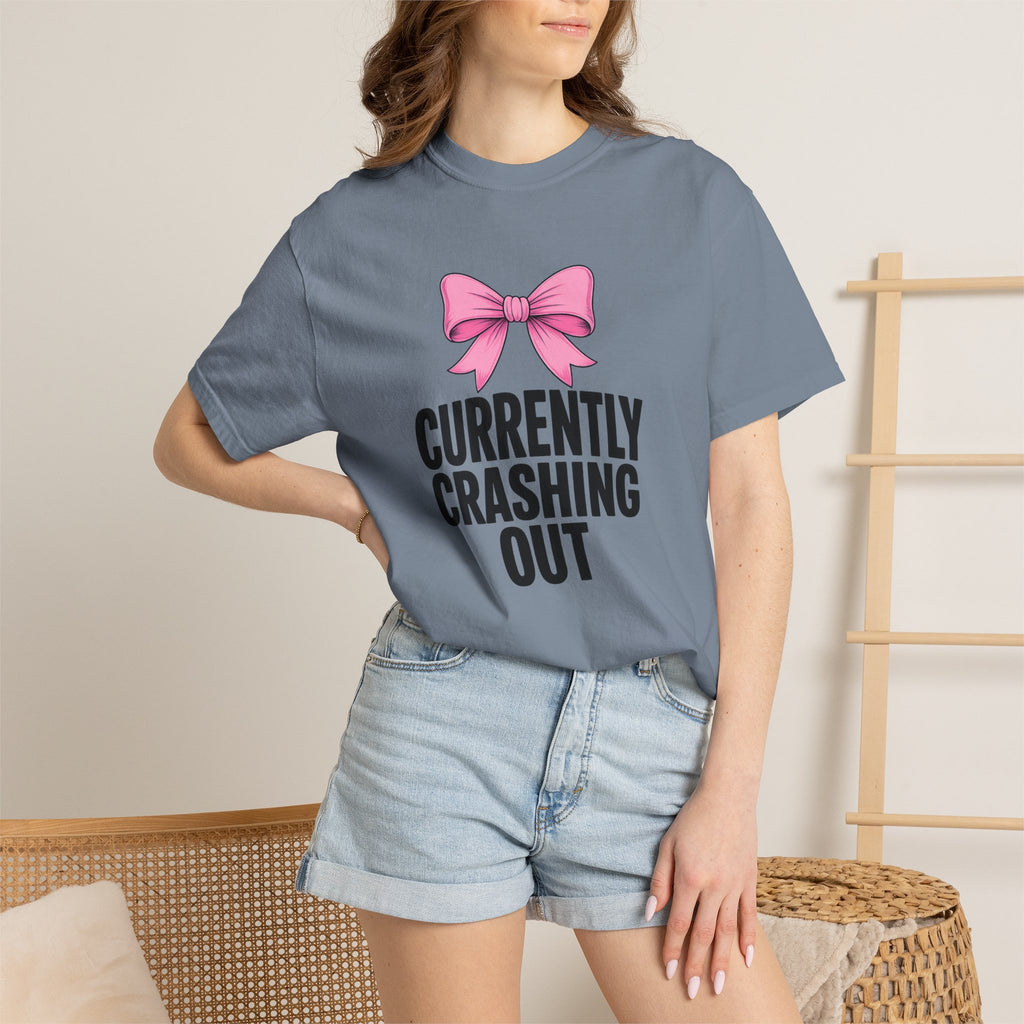 T-Shirt — "Currently Crashing Out" Pink Bow Graphic Tee