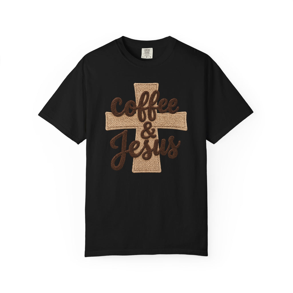 Coffee & Jesus T-Shirt — Christian Faith Graphic Tee with Cross