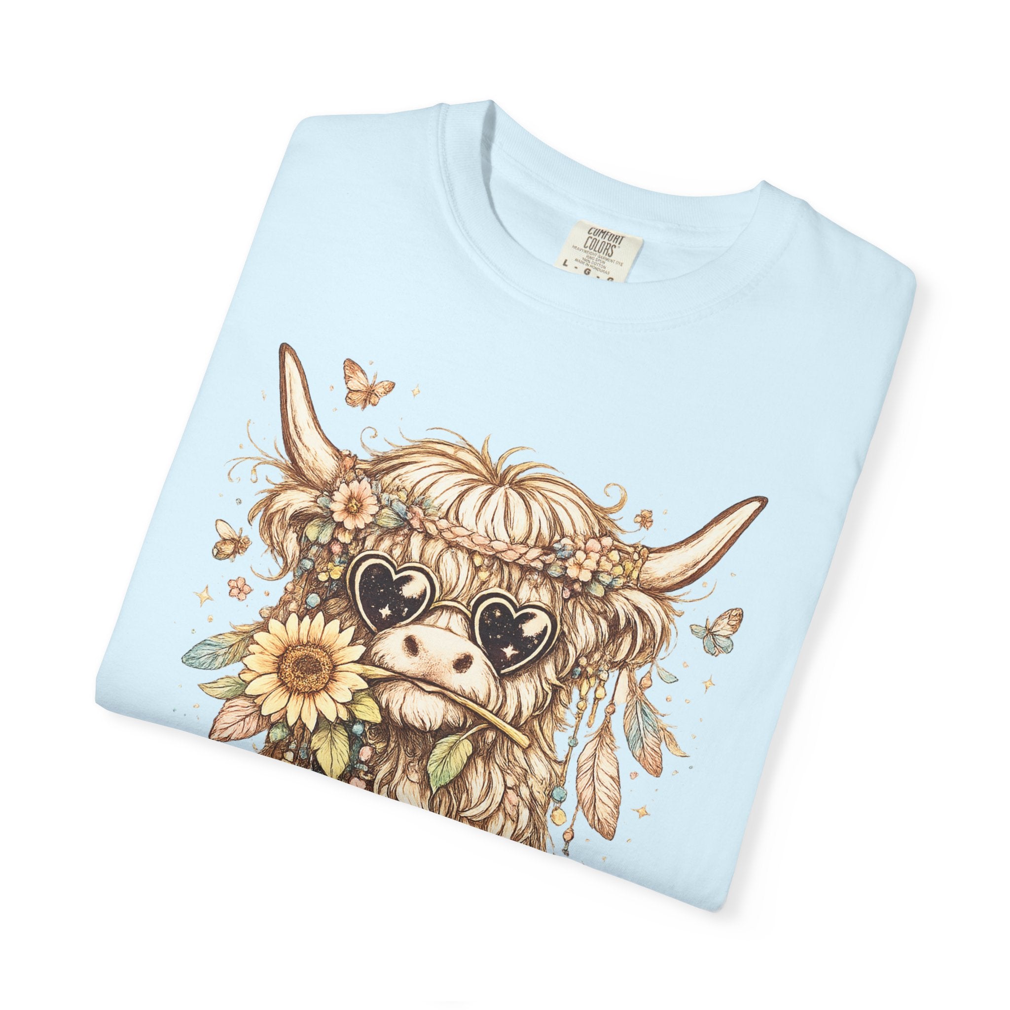 Highland Cow Floral T‑Shirt — Sunflower Boho Highland Cattle Tee