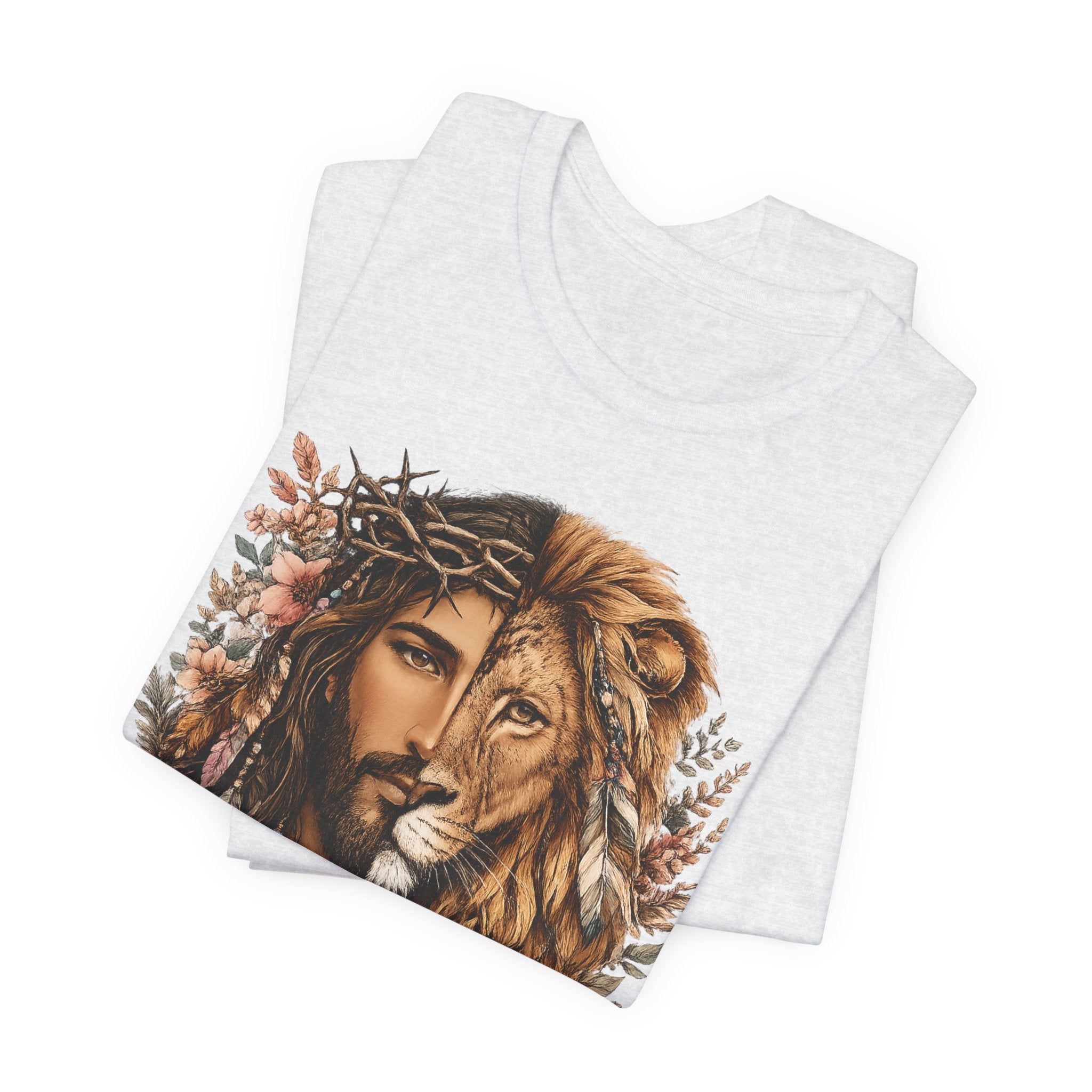 Lion and Woman Floral Portrait Tee — Spiritual Boho Graphic T-Shirt