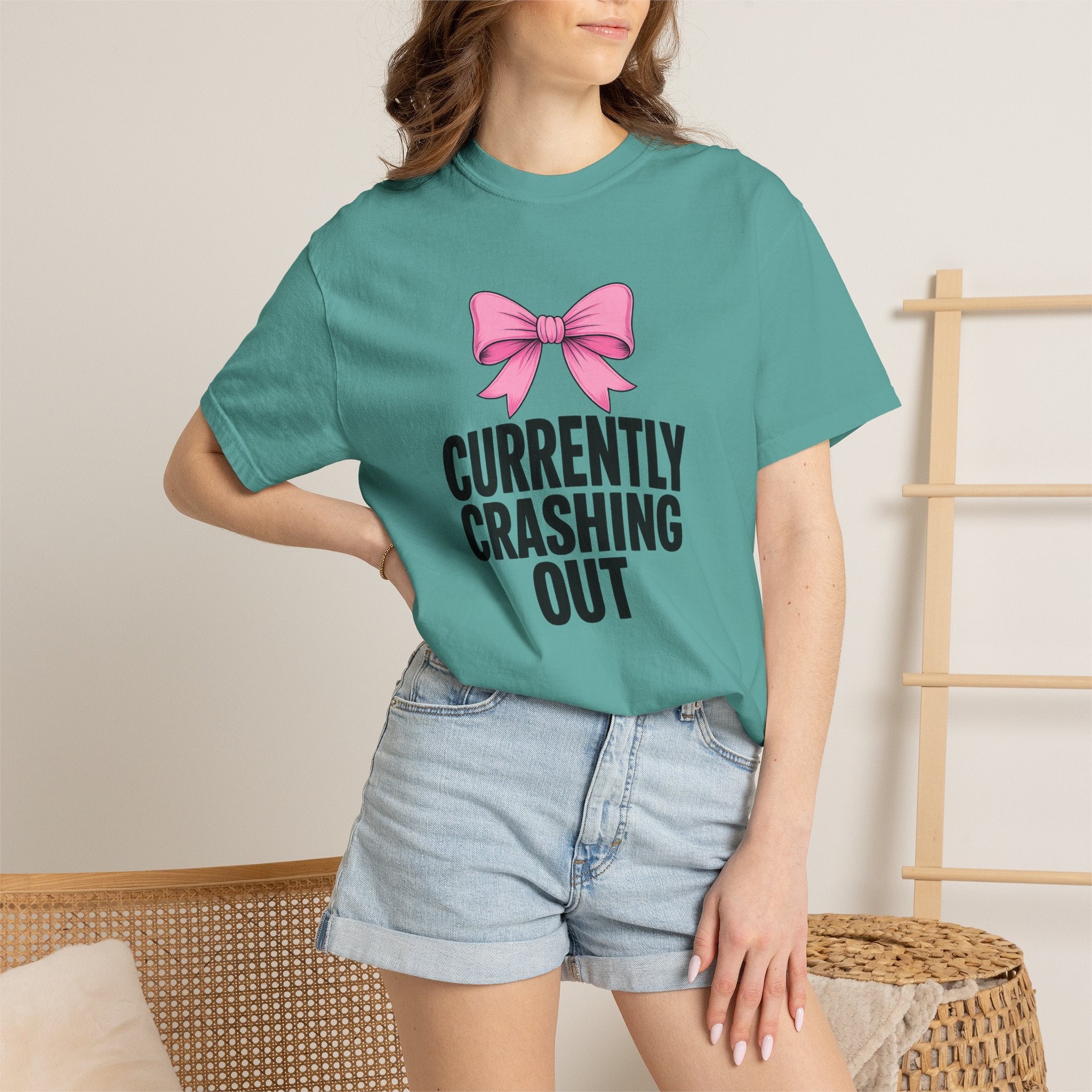 T-Shirt — "Currently Crashing Out" Pink Bow Graphic Tee