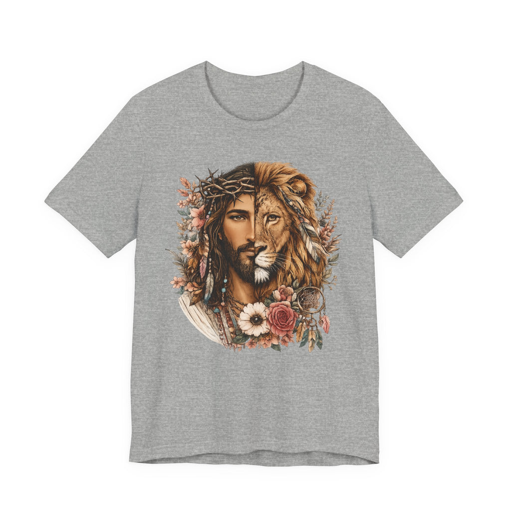 Lion and Woman Floral Portrait Tee — Spiritual Boho Graphic T-Shirt
