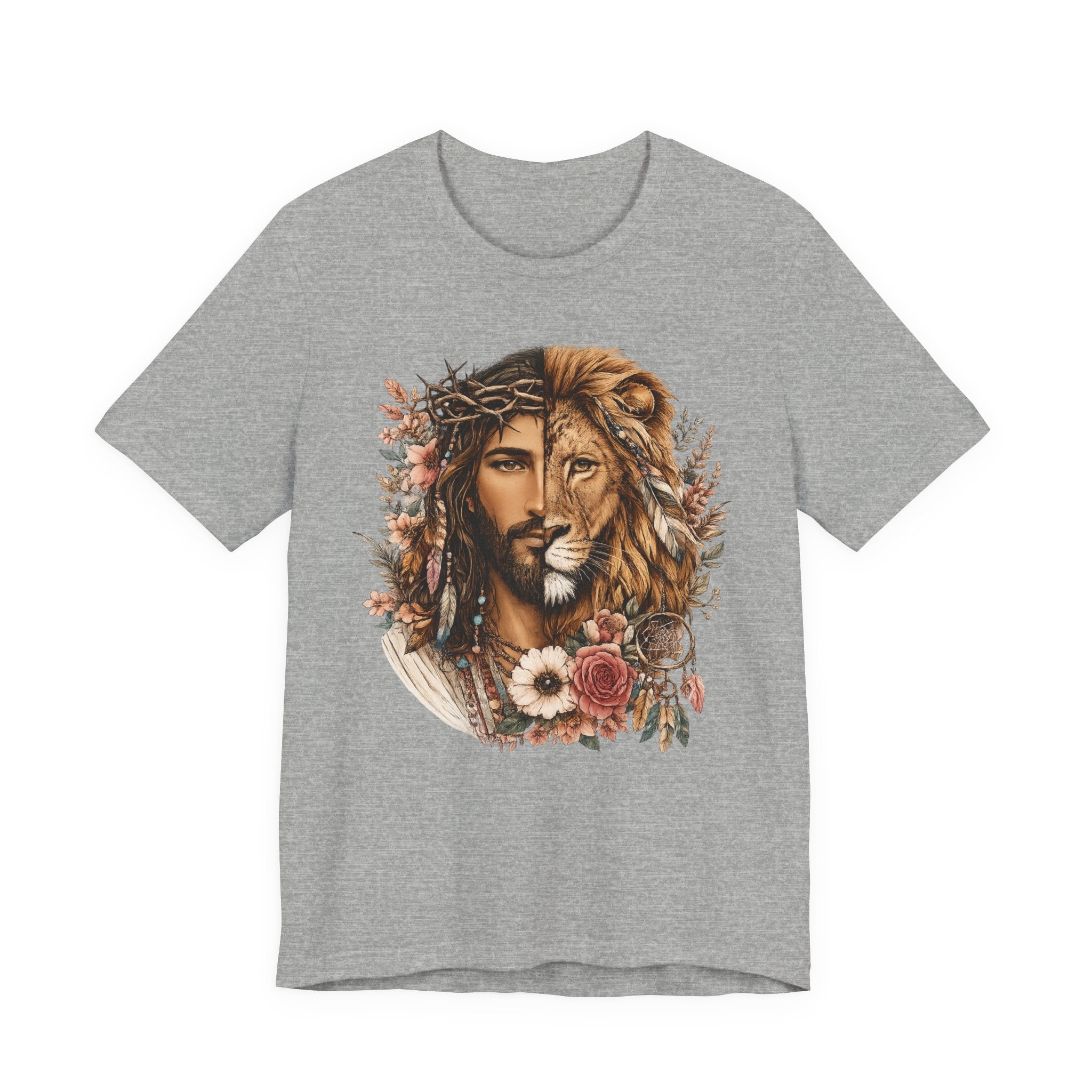 Lion and Woman Floral Portrait Tee — Spiritual Boho Graphic T-Shirt