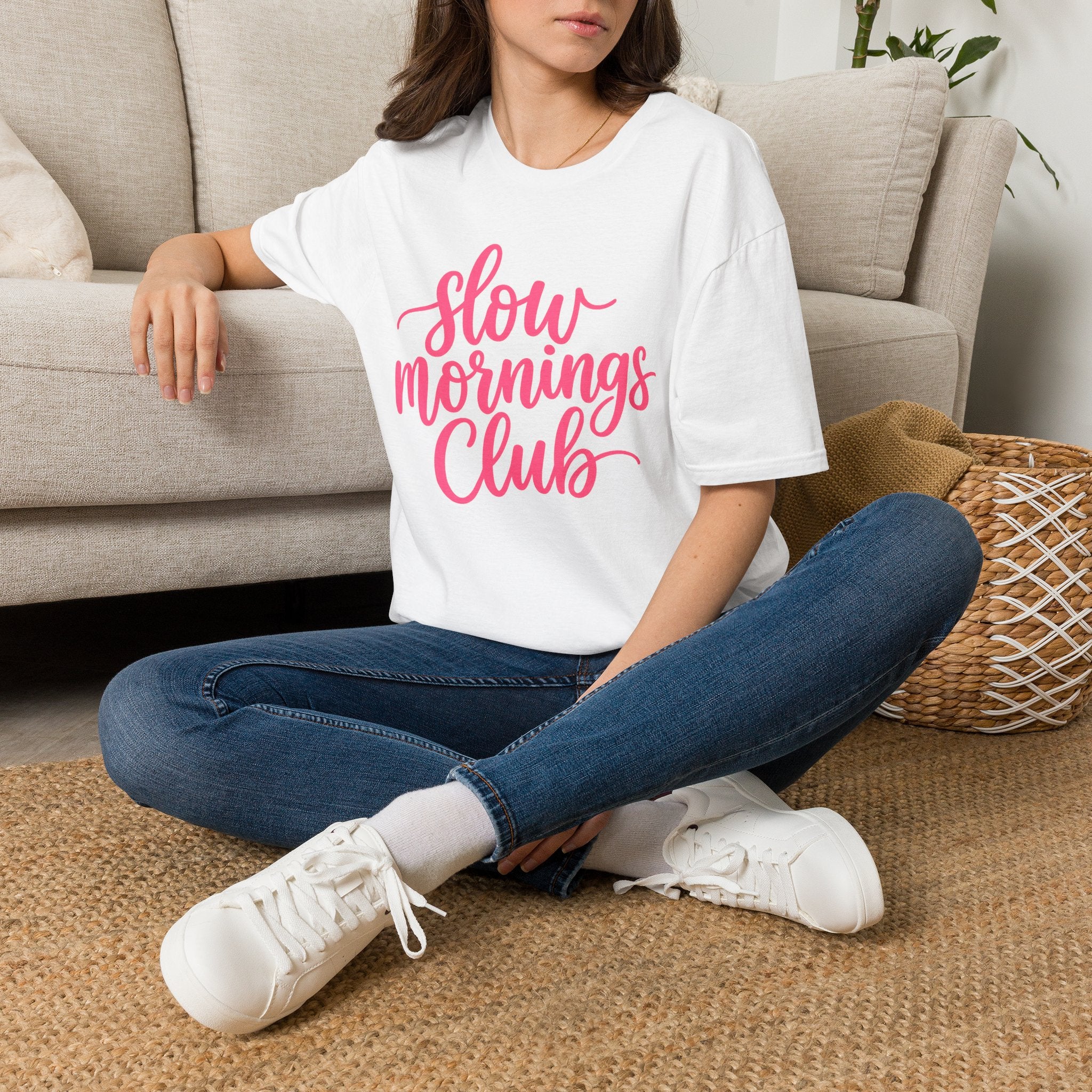 Slow Mornings Club Tee — Relaxed Graphic T-Shirt with Pink Script