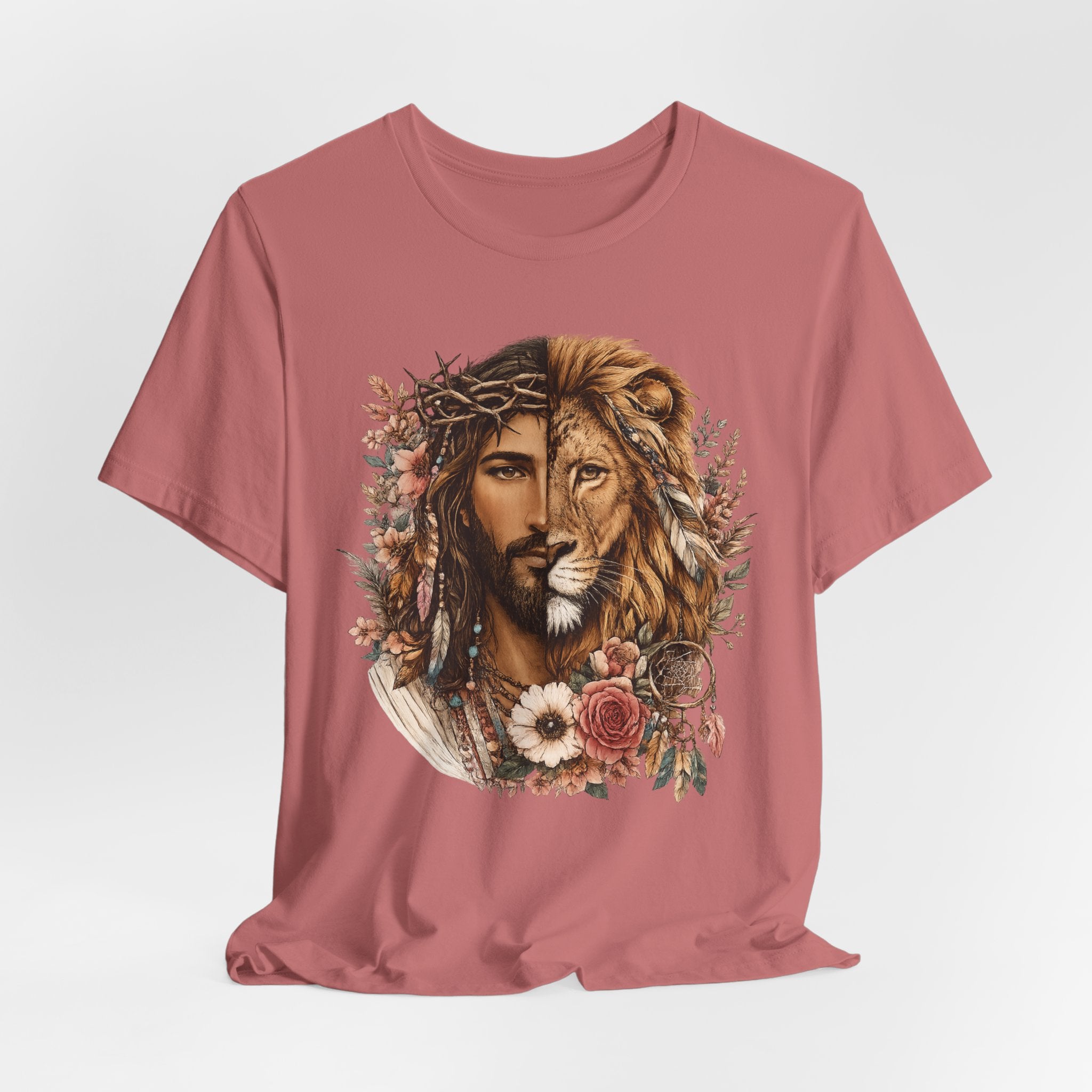 Lion and Woman Floral Portrait Tee — Spiritual Boho Graphic T-Shirt