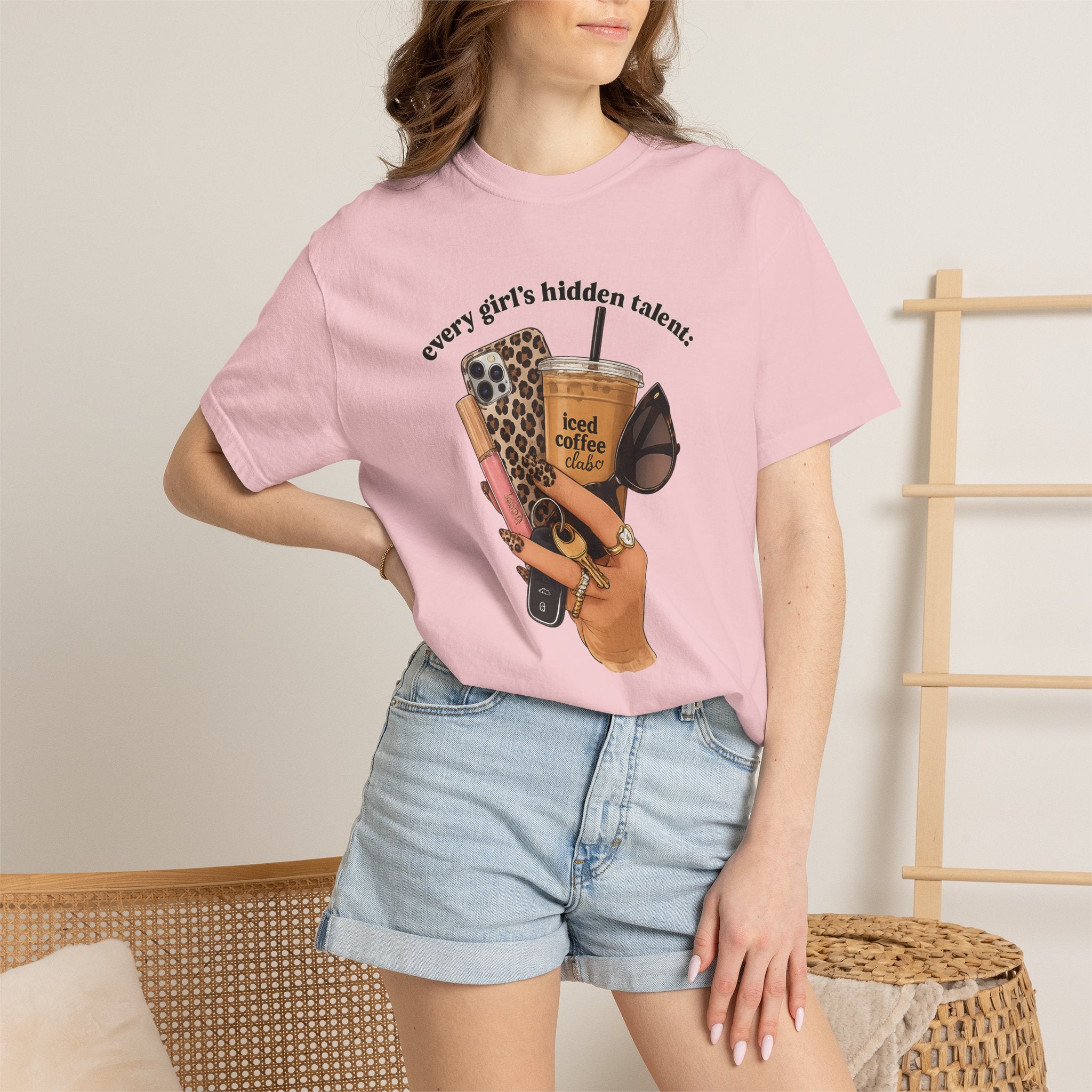 T-Shirt — Every Girl’s Hidden Talents Graphic Tee (coffee, makeup, phone, sunglasses)