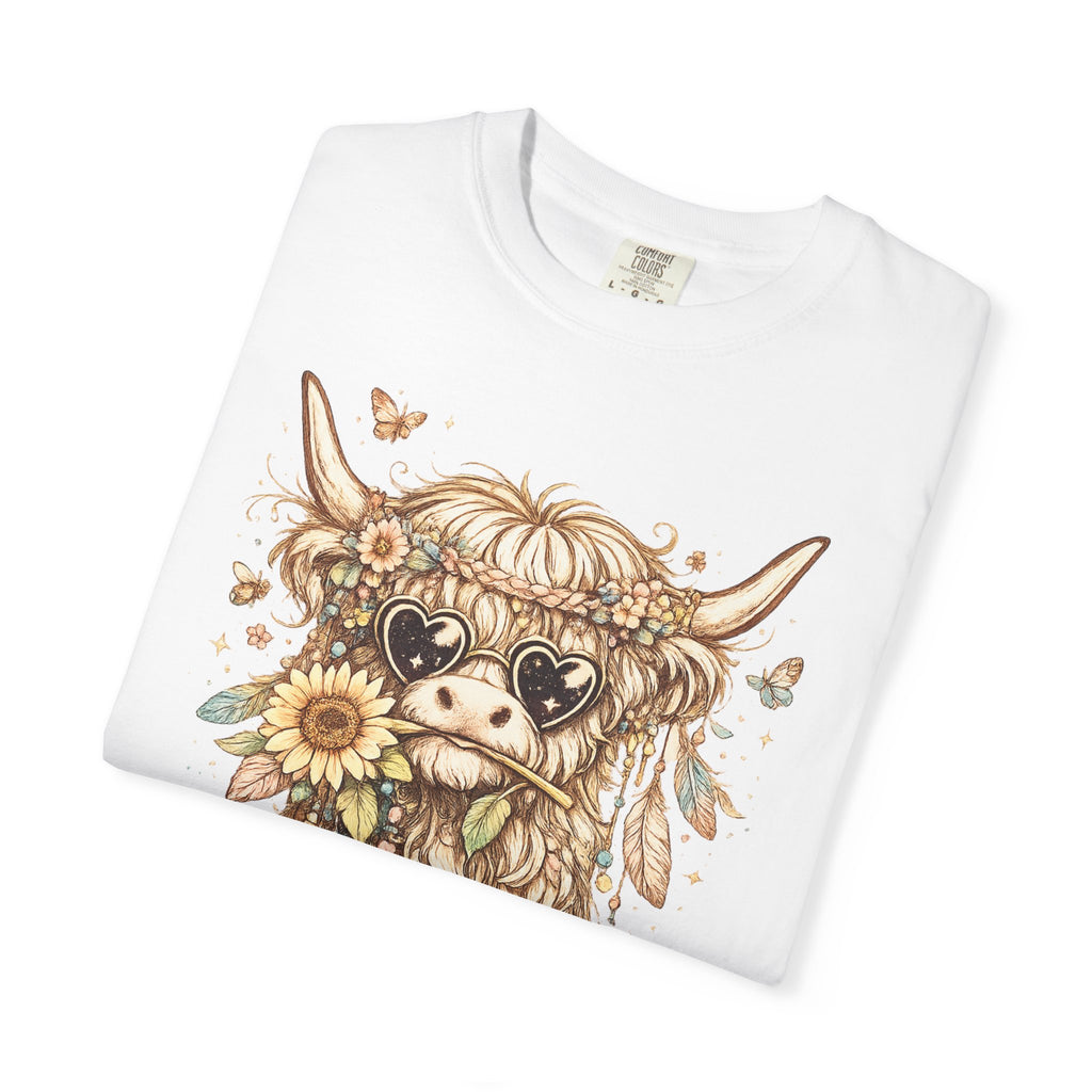 Highland Cow Floral T‑Shirt — Sunflower Boho Highland Cattle Tee