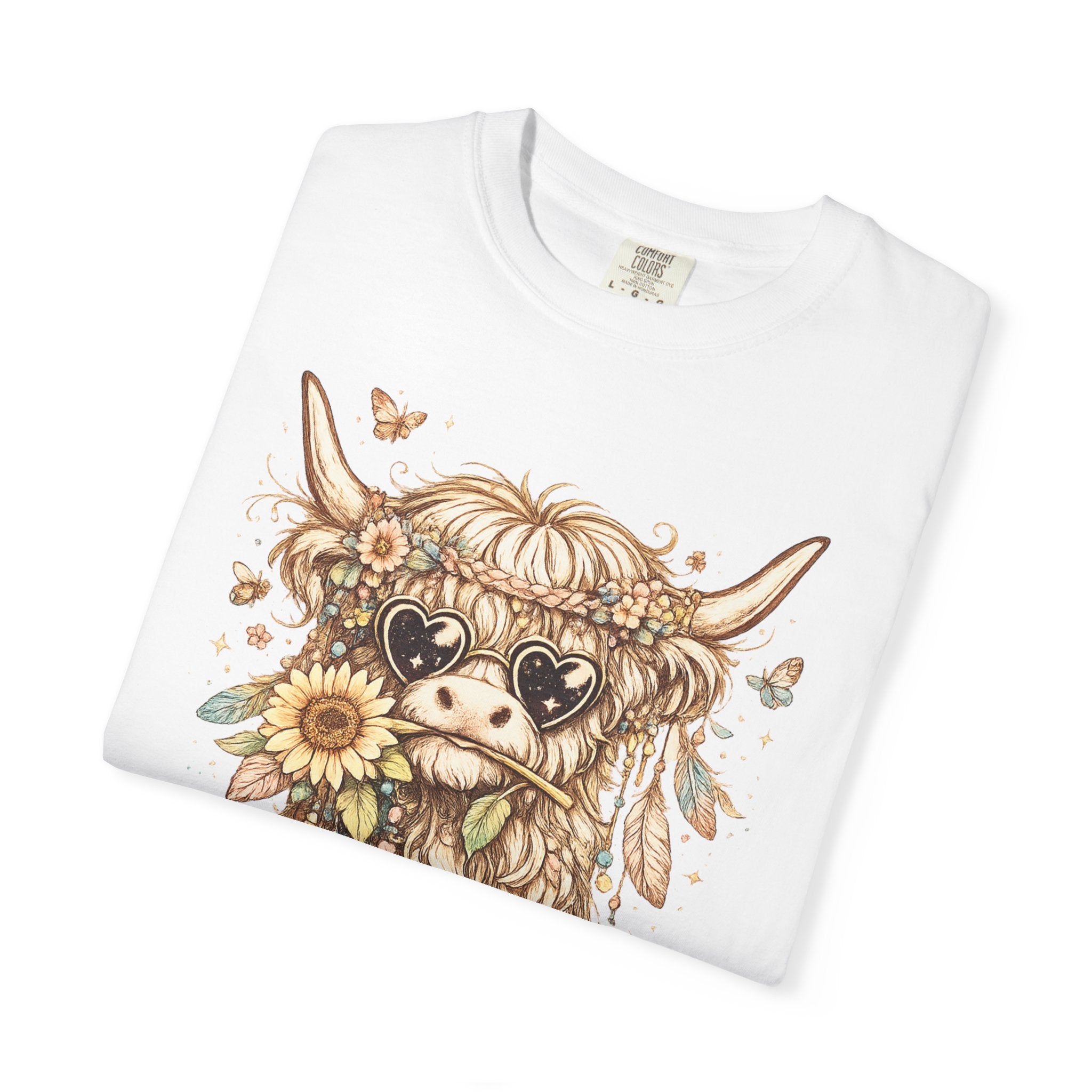 Highland Cow Floral T‑Shirt — Sunflower Boho Highland Cattle Tee