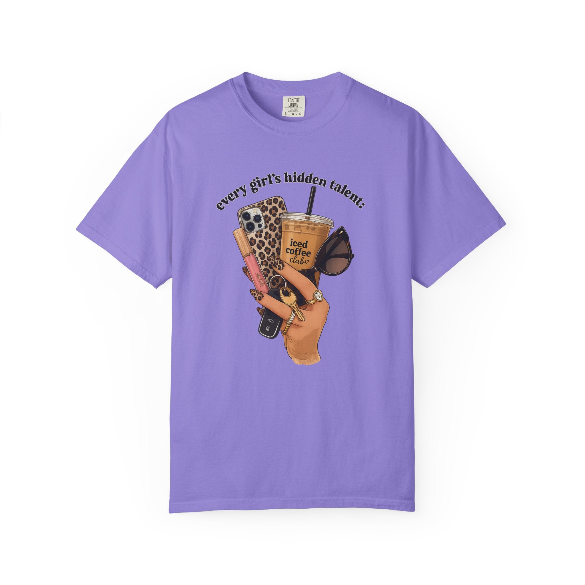T-Shirt — Every Girl’s Hidden Talents Graphic Tee (coffee, makeup, phone, sunglasses)
