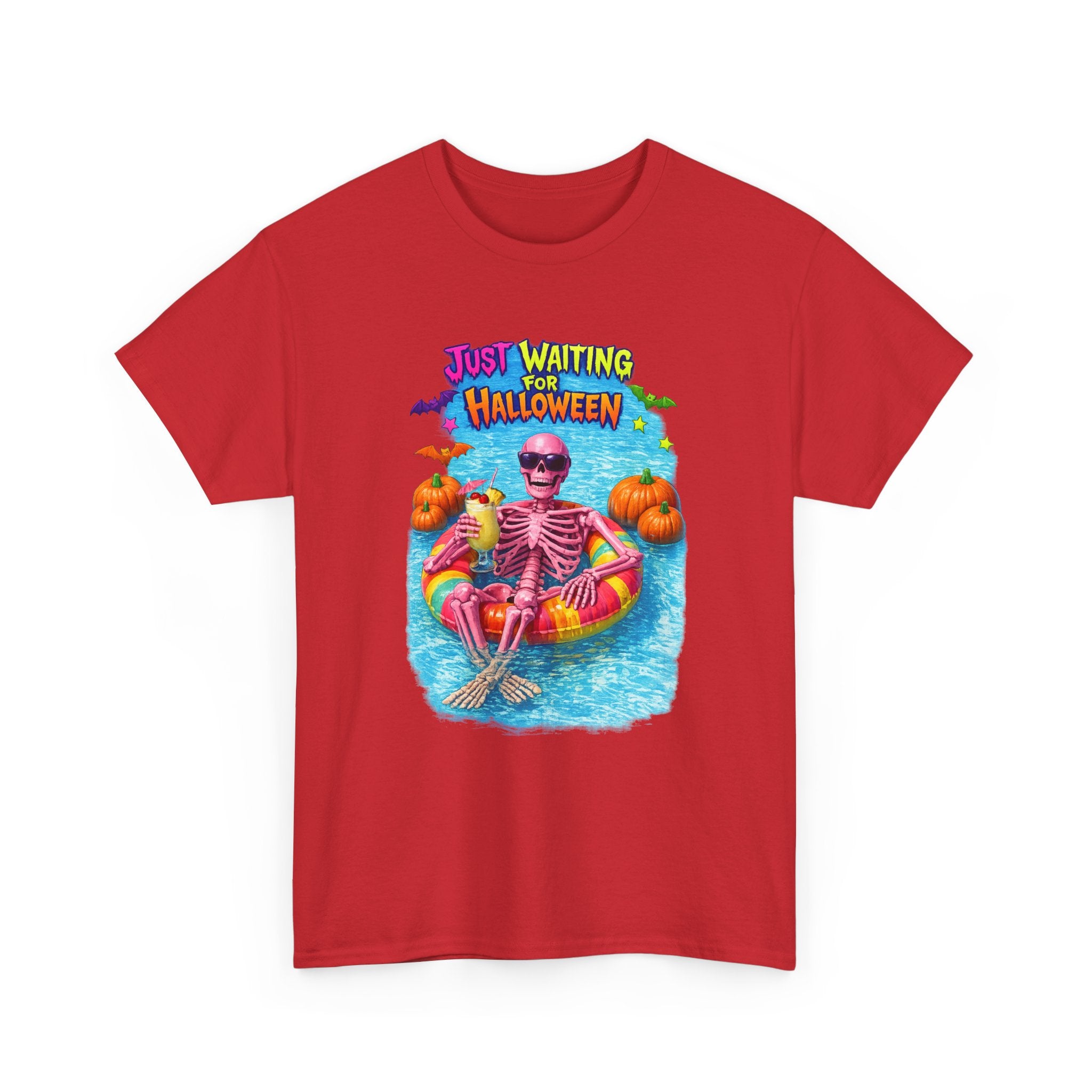 Halloween Skeleton Tee — "Just Waiting for Halloween" Pool Float Graphic T-Shirt
