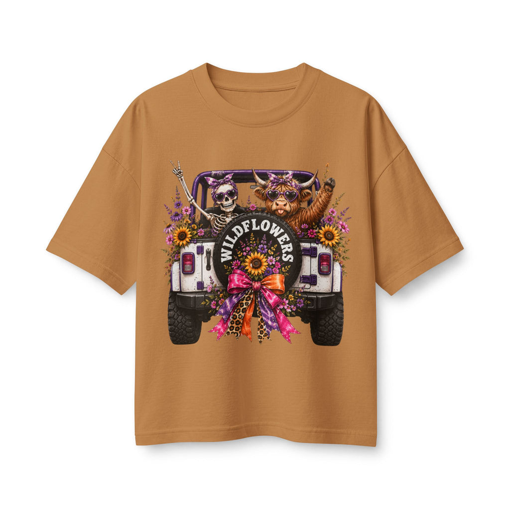 Wildflowers Jeep Crewneck Tee — Cute Skull & Pup Floral Graphic Shirt