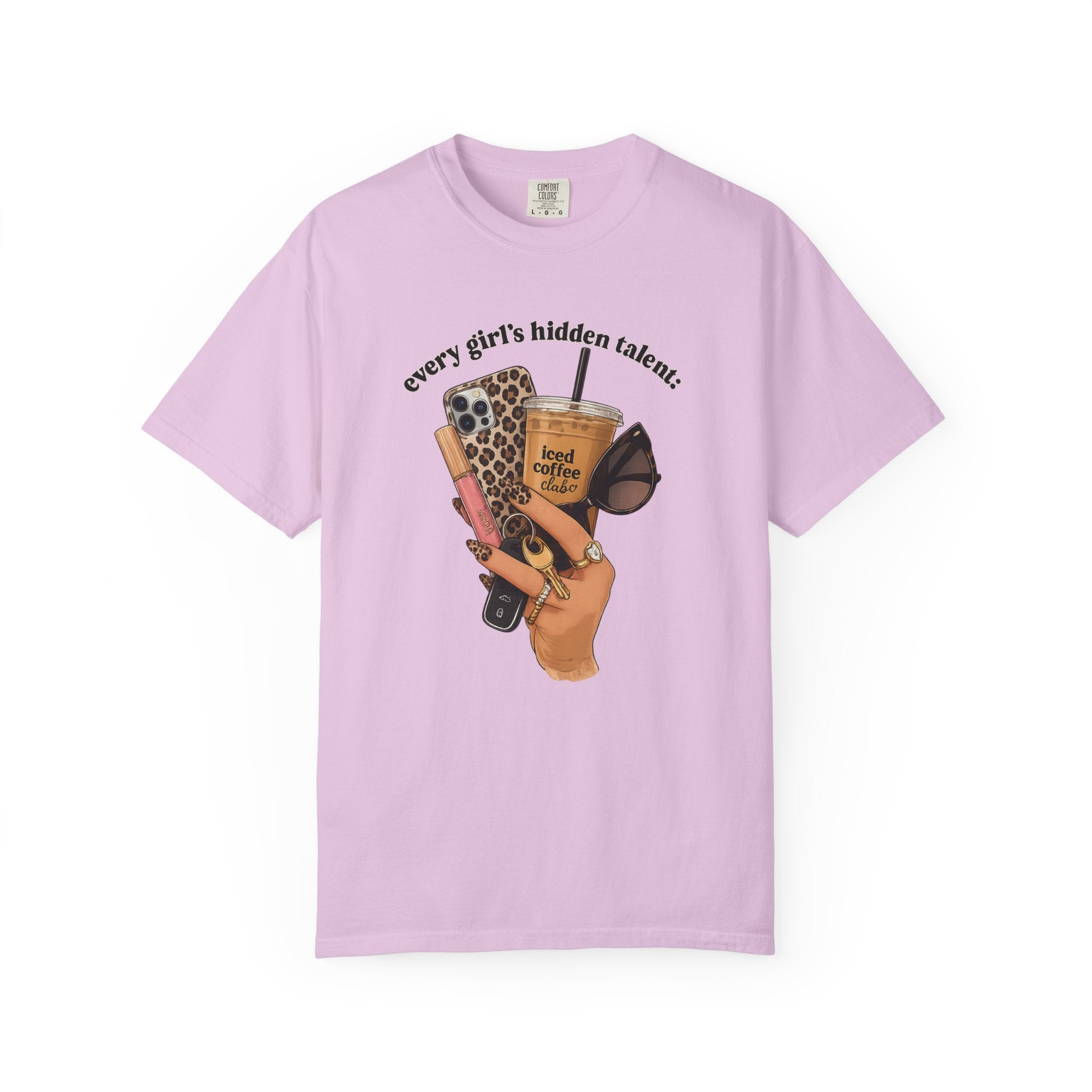T-Shirt — Every Girl’s Hidden Talents Graphic Tee (coffee, makeup, phone, sunglasses)
