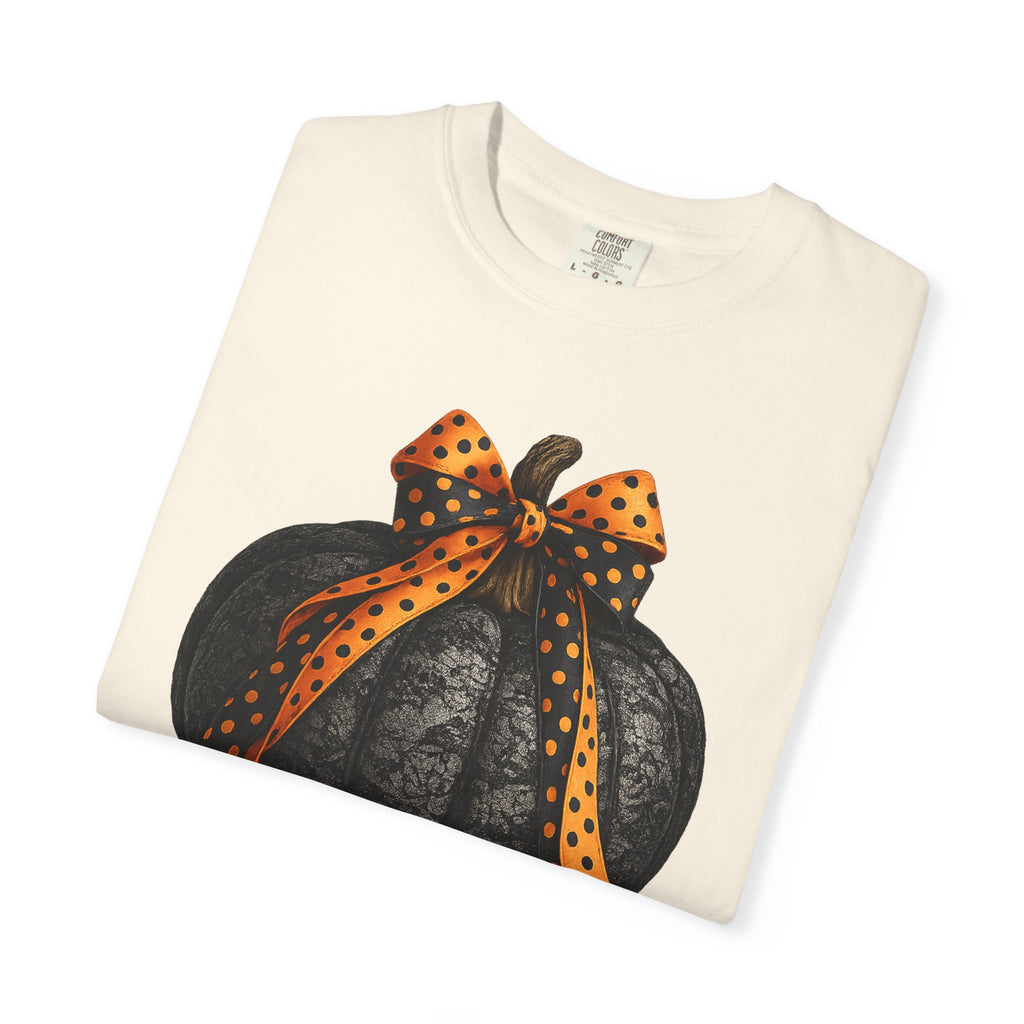 Halloween Black Pumpkin T‑Shirt with Polka Dot Bow