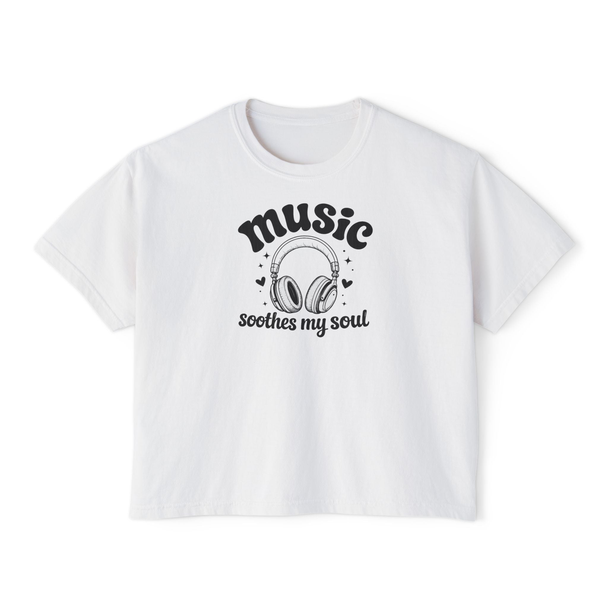 Music Soothes My Soul Boxy Tee — Women's Cropped Graphic T-Shirt with Headphones