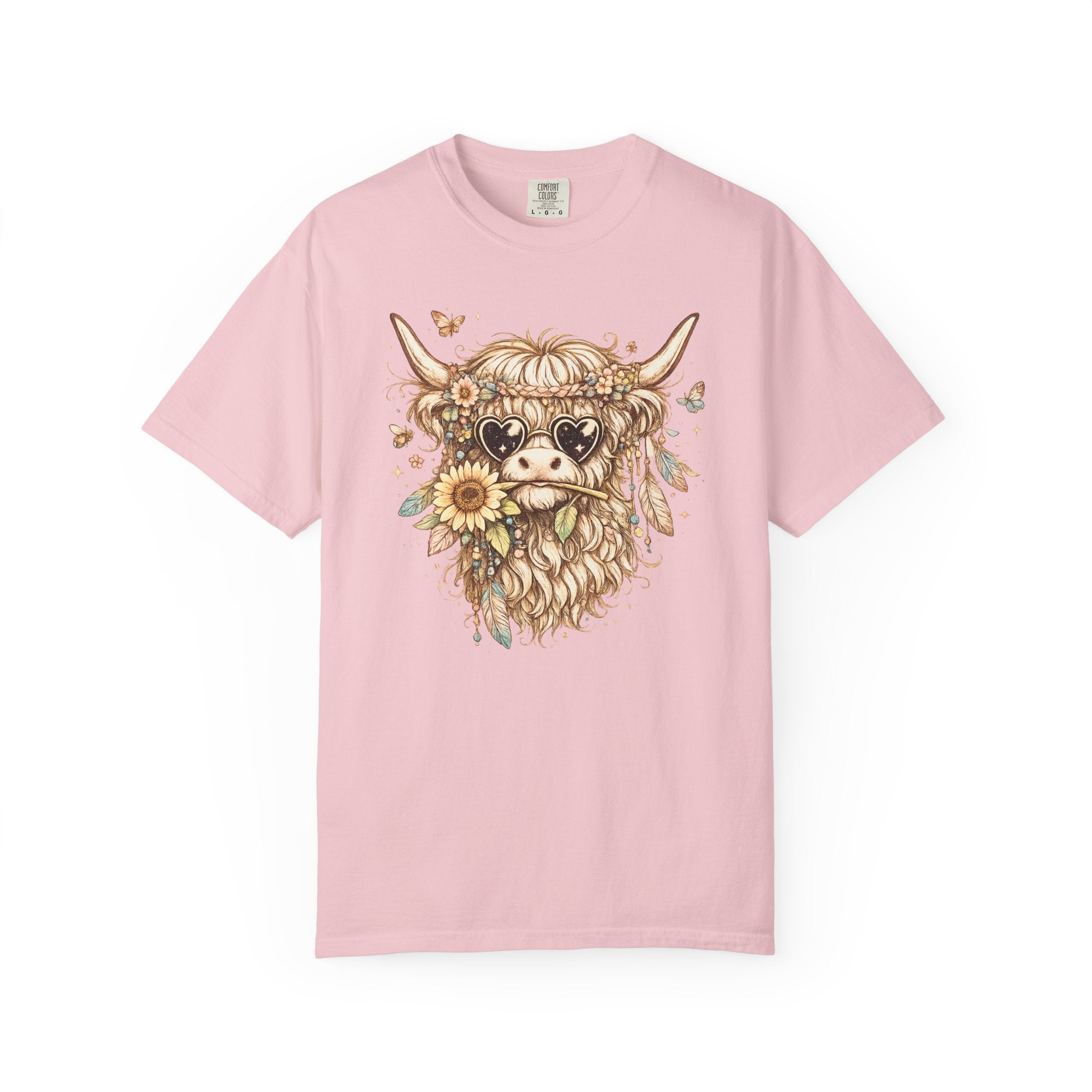 Highland Cow Floral T‑Shirt — Sunflower Boho Highland Cattle Tee