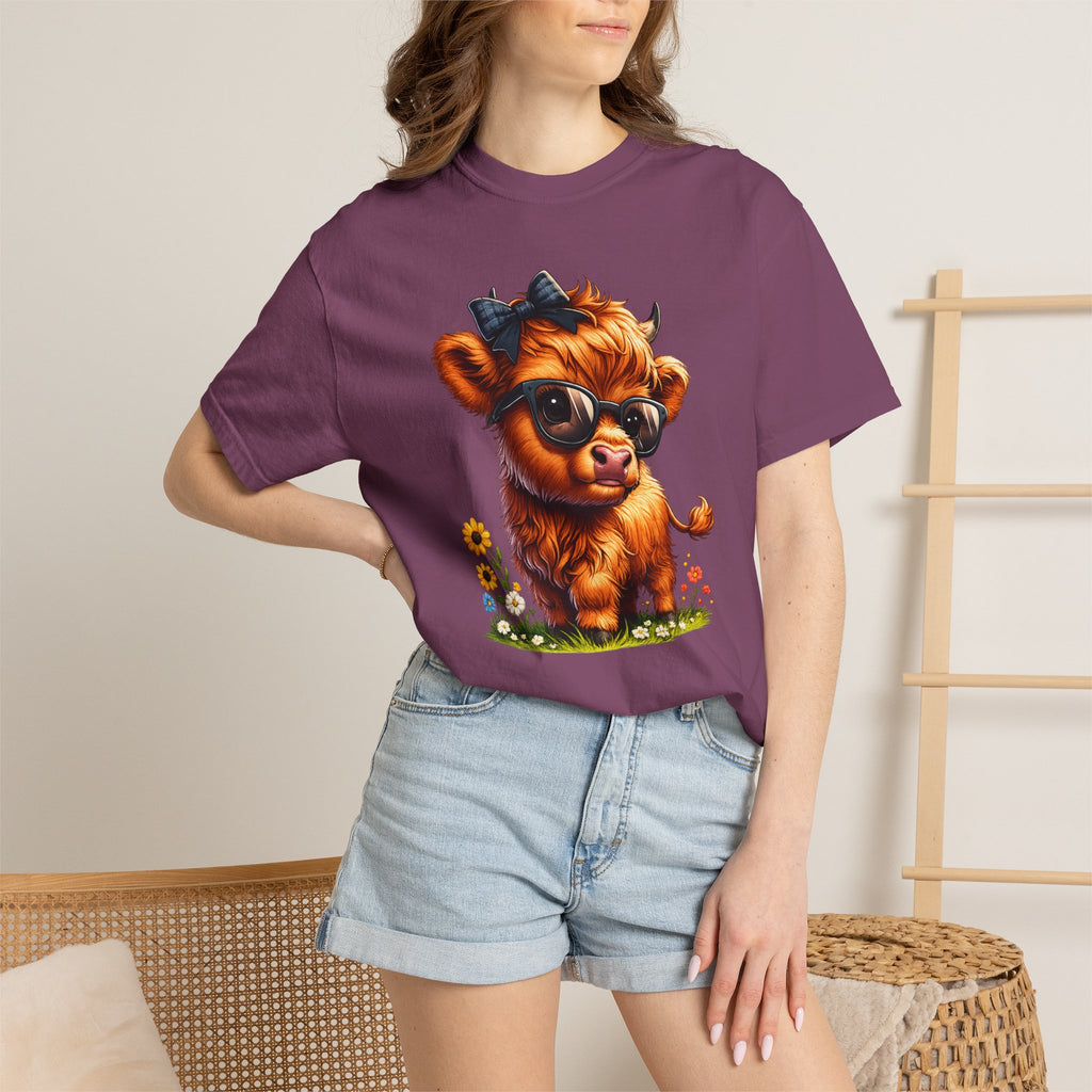 Cute Highland Calf T‑Shirt — Cool Sunglasses Cow with Flowers