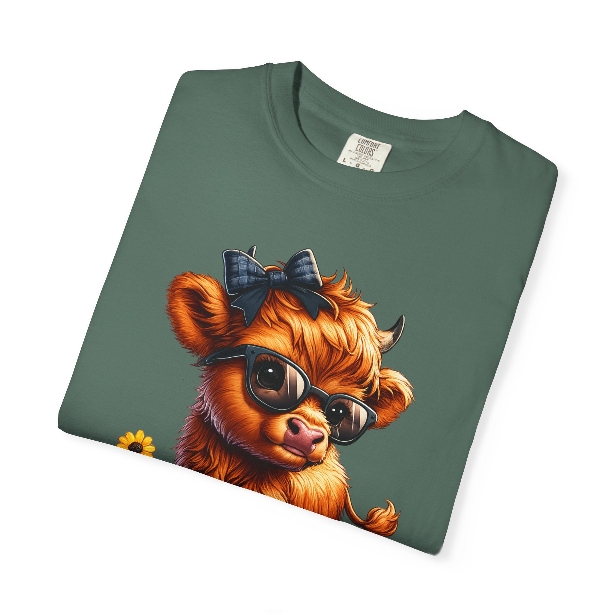Cute Highland Calf T‑Shirt — Cool Sunglasses Cow with Flowers