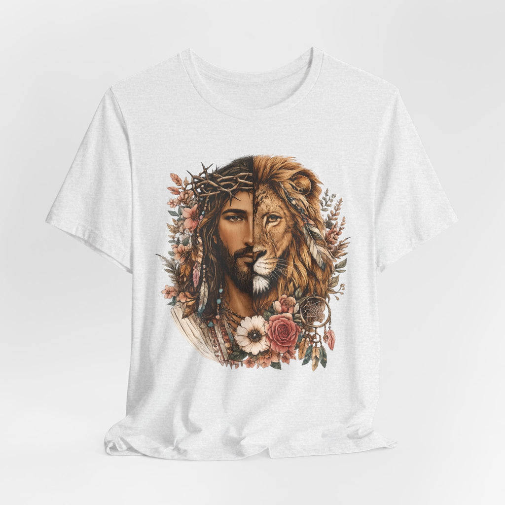 Lion and Woman Floral Portrait Tee — Spiritual Boho Graphic T-Shirt