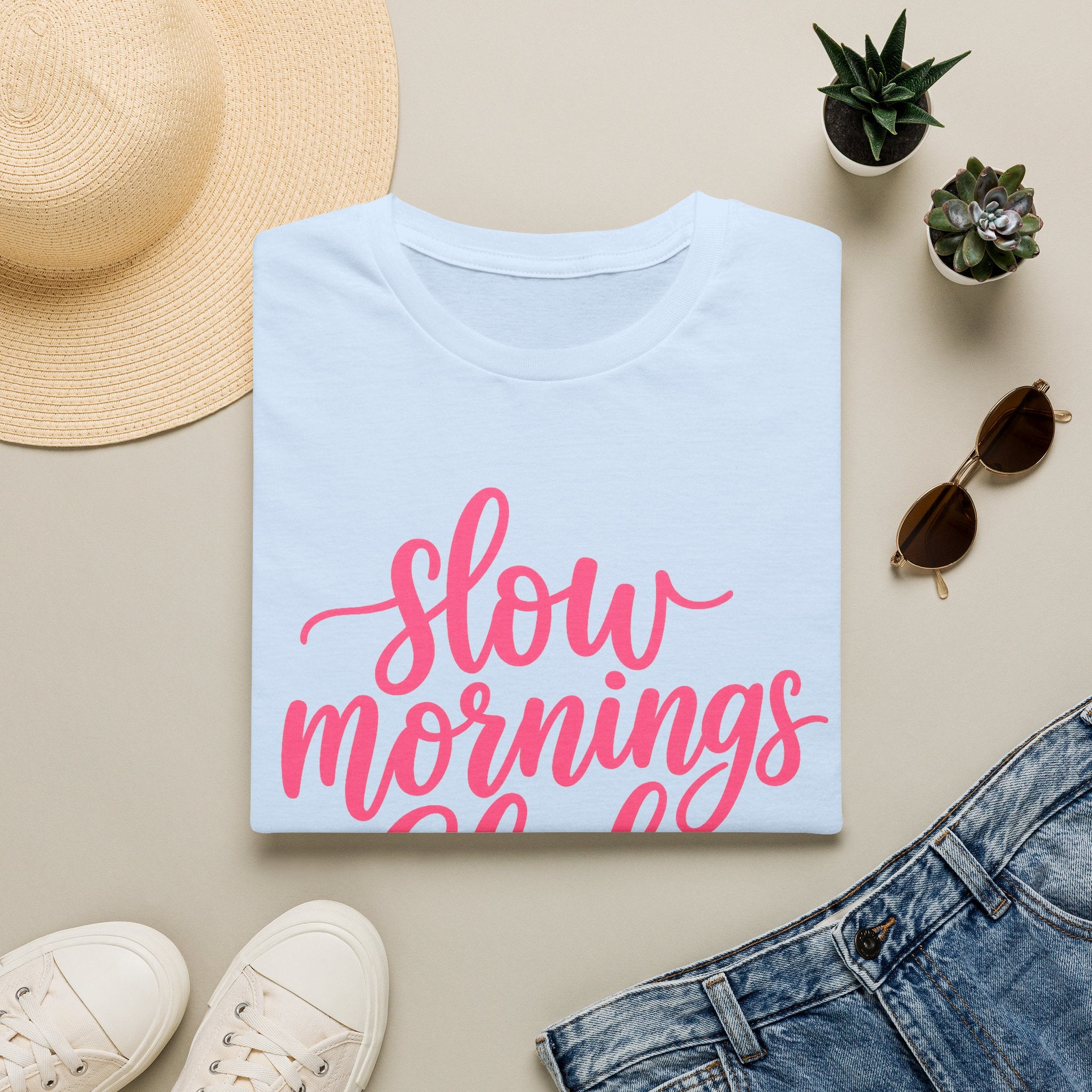 Slow Mornings Club Tee — Relaxed Graphic T-Shirt with Pink Script