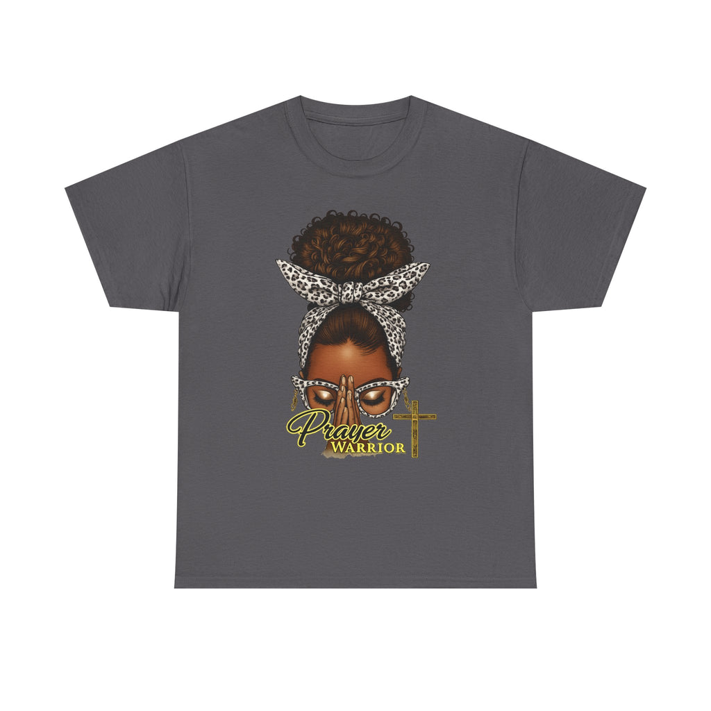 Prayer Warrior T-Shirt – Black Woman Afro Bun with Leopard Scarf & Cross Graphic