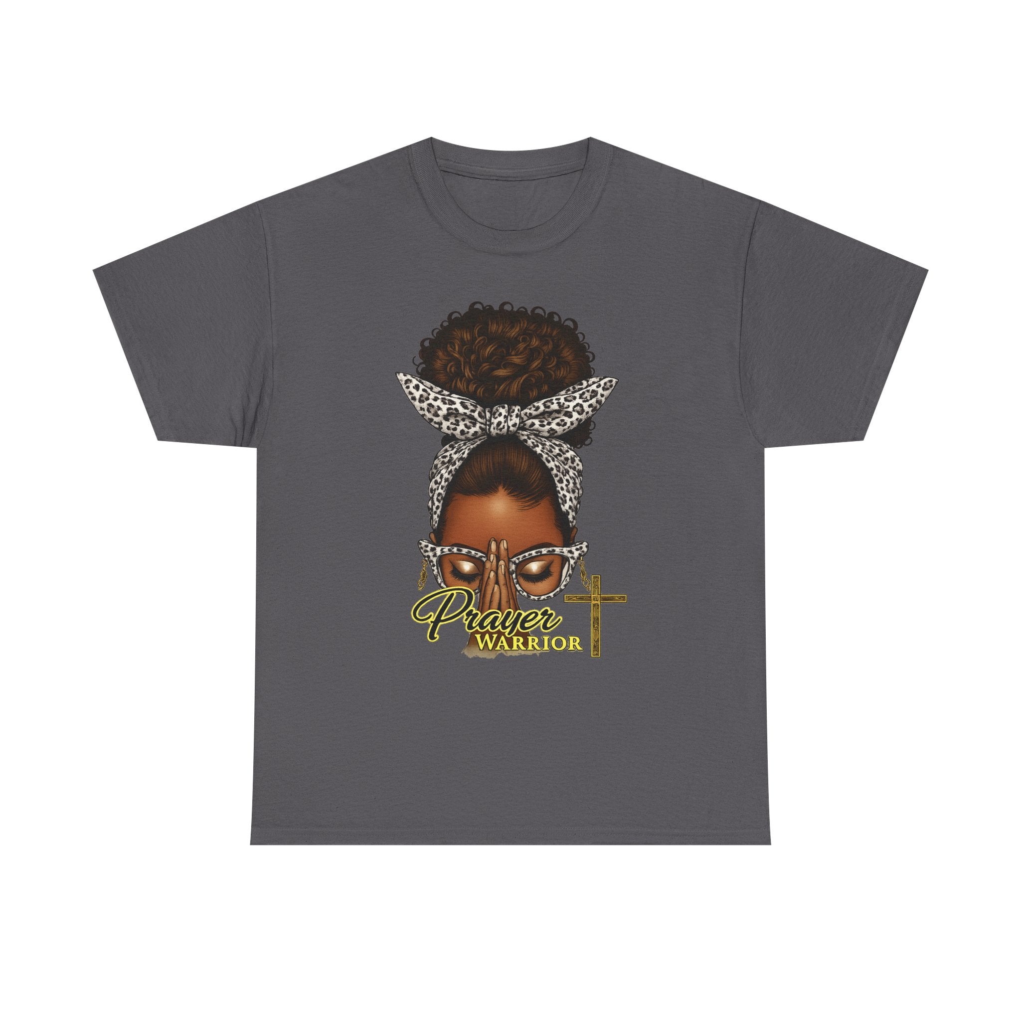Prayer Warrior T-Shirt – Black Woman Afro Bun with Leopard Scarf & Cross Graphic