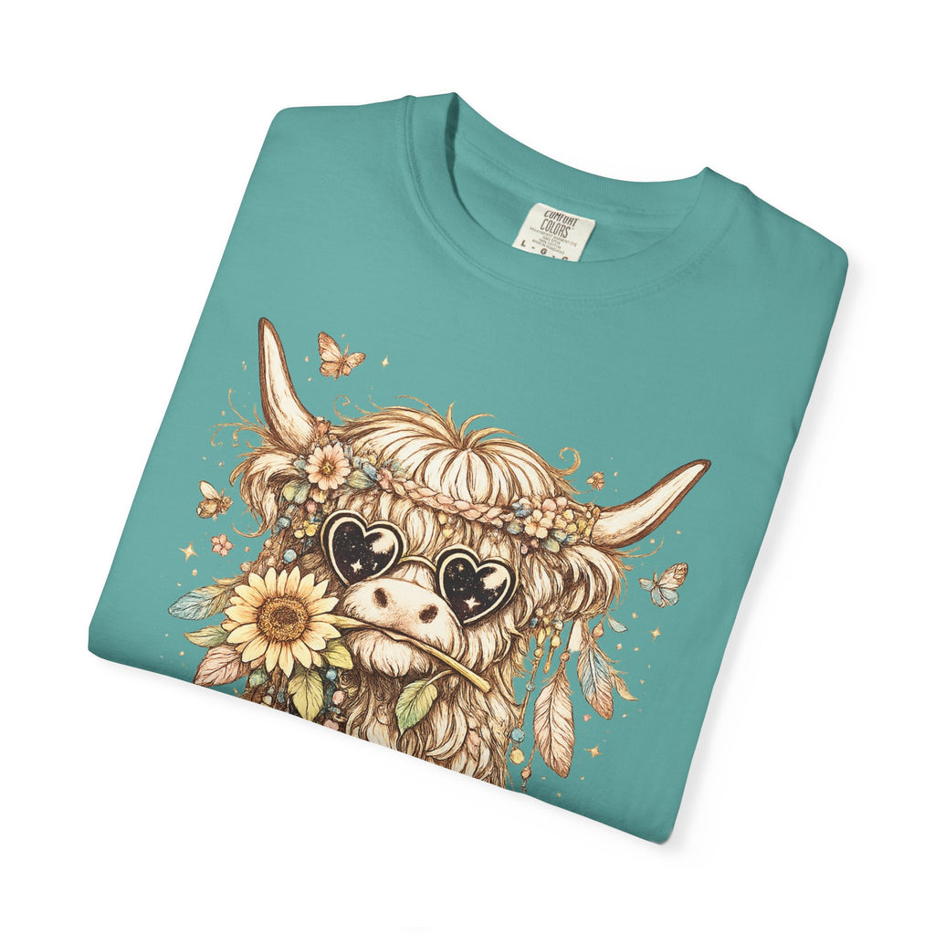 Highland Cow Floral T‑Shirt — Sunflower Boho Highland Cattle Tee