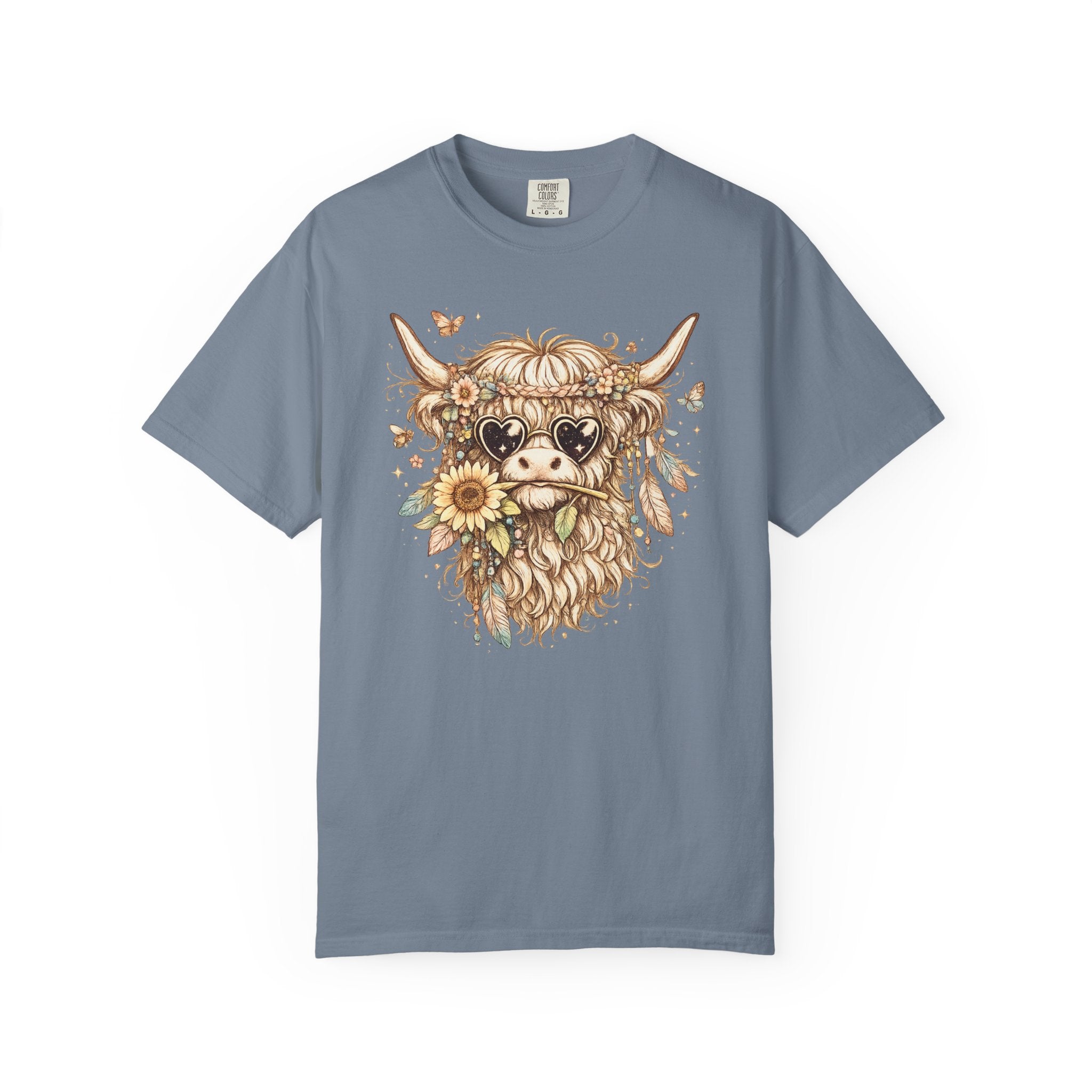 Highland Cow Floral T‑Shirt — Sunflower Boho Highland Cattle Tee