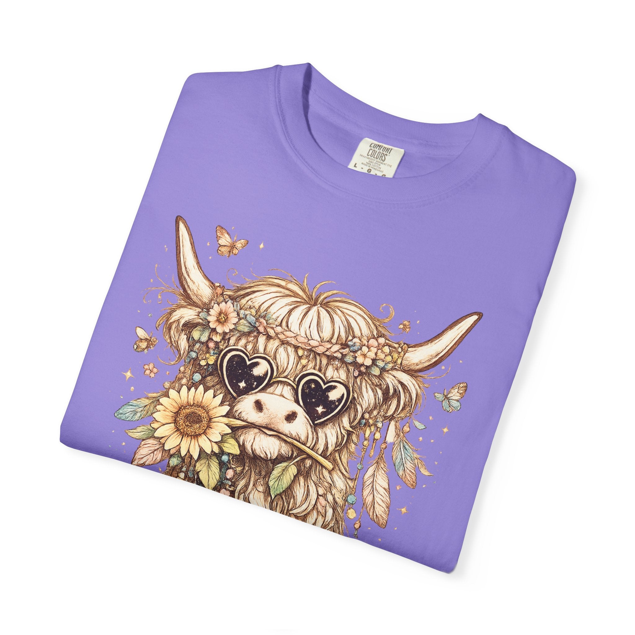 Highland Cow Floral T‑Shirt — Sunflower Boho Highland Cattle Tee