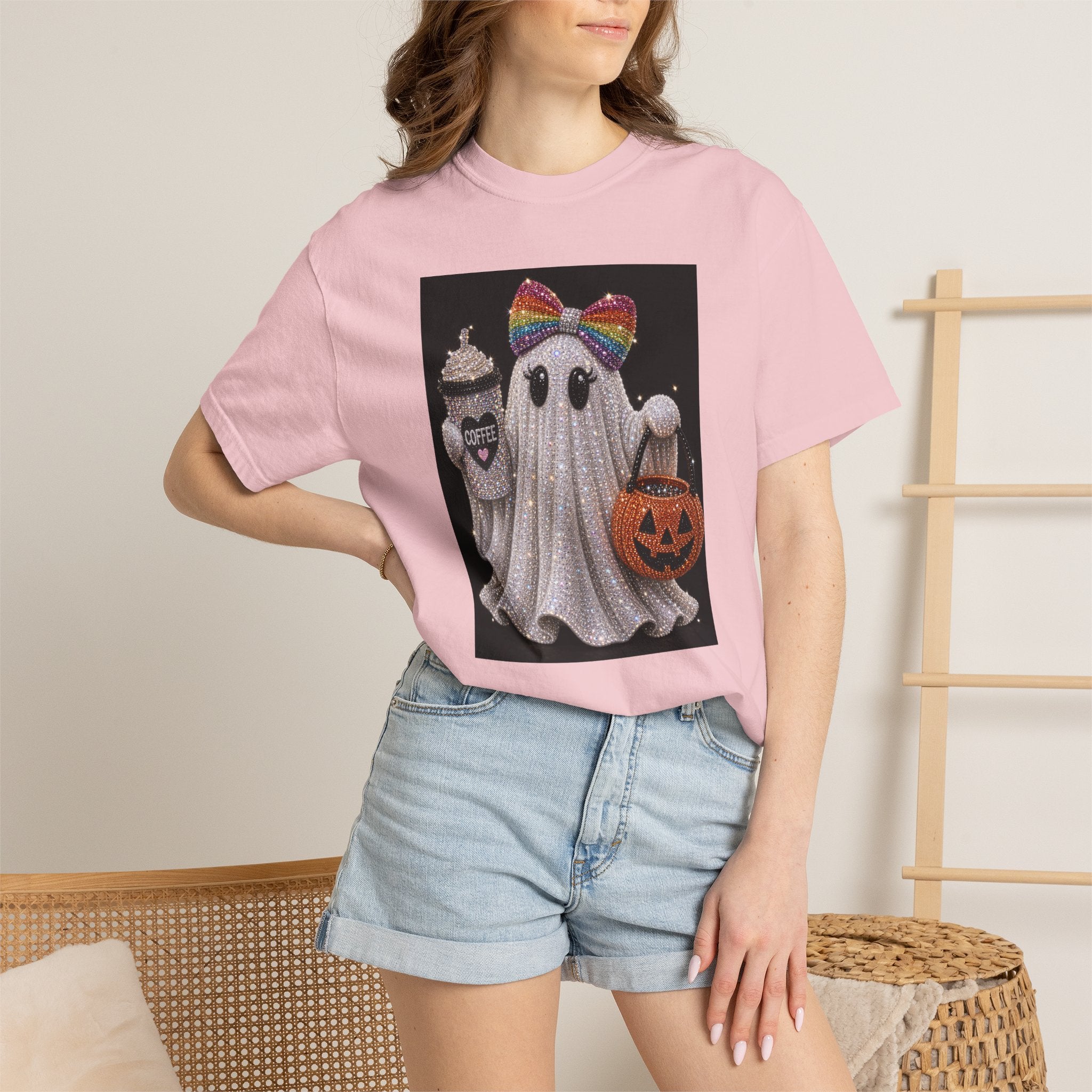 Halloween Ghost T-Shirt — Glitter Ghost with Rainbow Bow, Pumpkin & Coffee