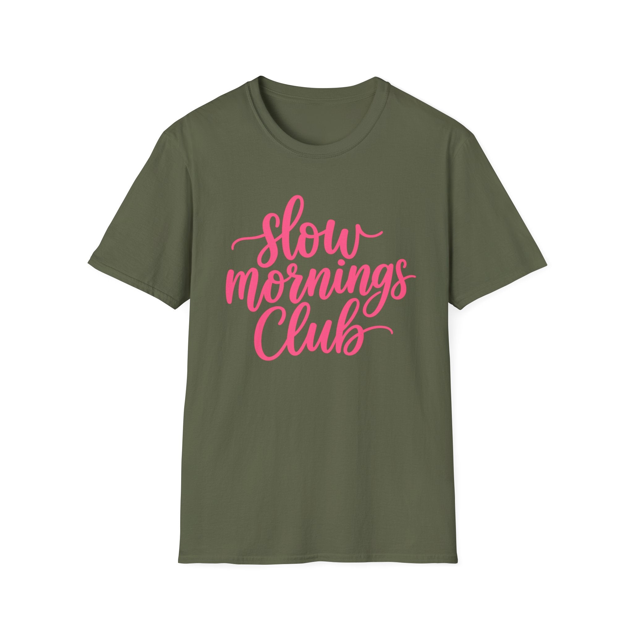 Slow Mornings Club Tee — Relaxed Graphic T-Shirt with Pink Script