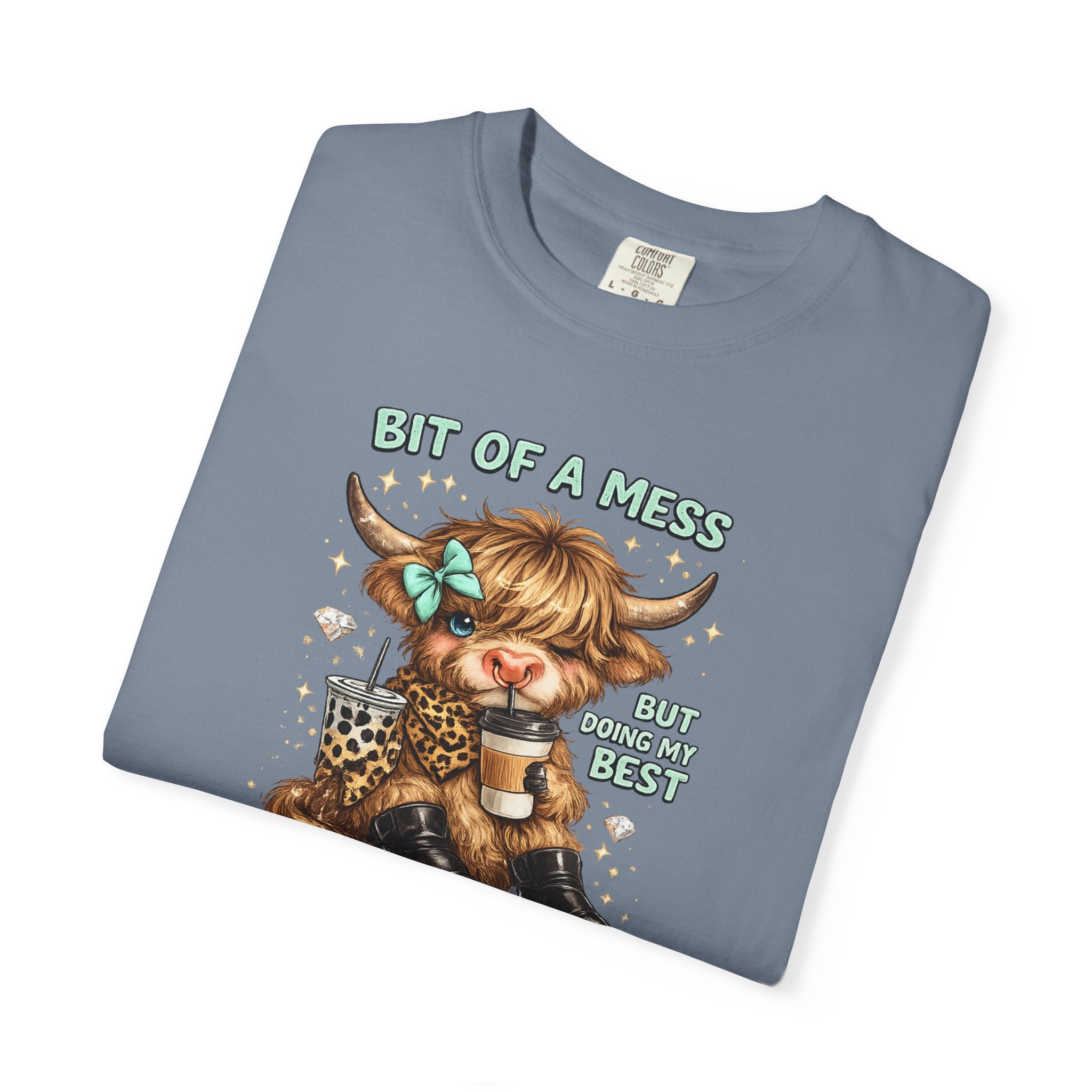 Bit of a Mess Anxiety Cowgirl Graphic T-Shirt — Cute Retro Cow Print Tee for Anxiety Awareness