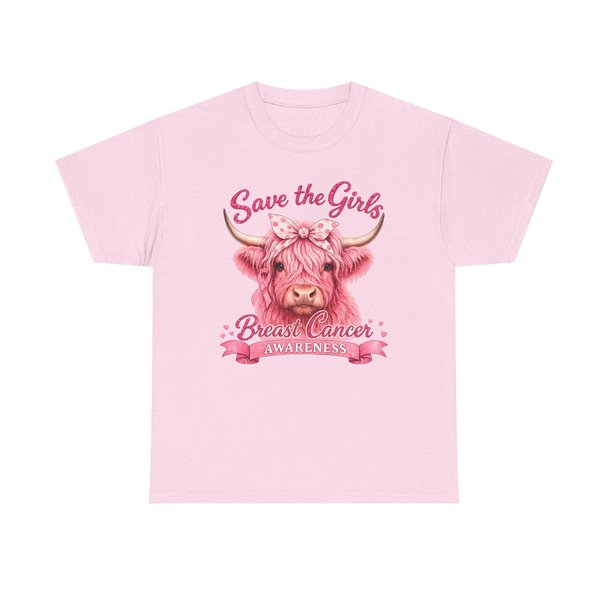 Breast Cancer Awareness Tee — "Save the Girls" Pink Highland Cow Shirt