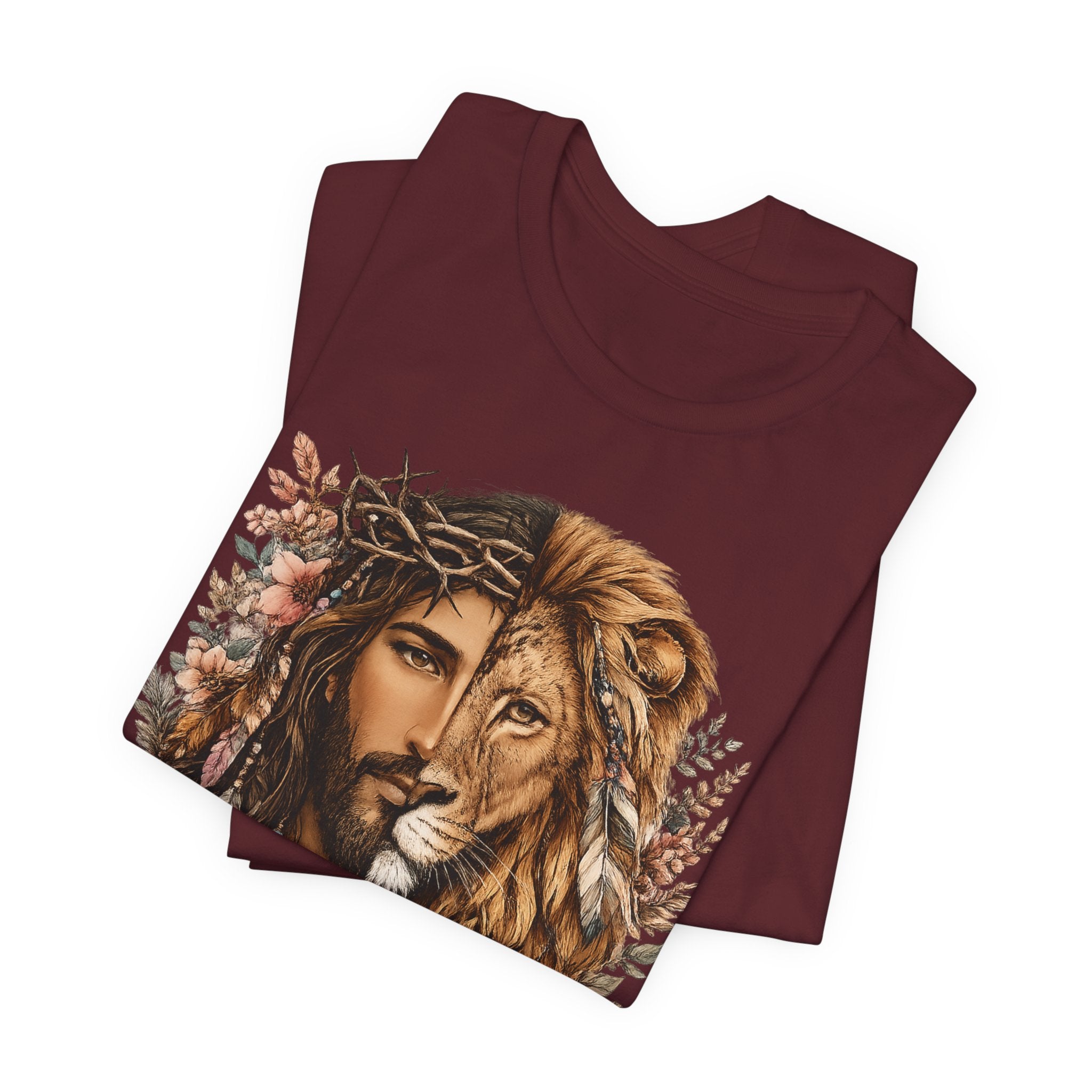 Lion and Woman Floral Portrait Tee — Spiritual Boho Graphic T-Shirt