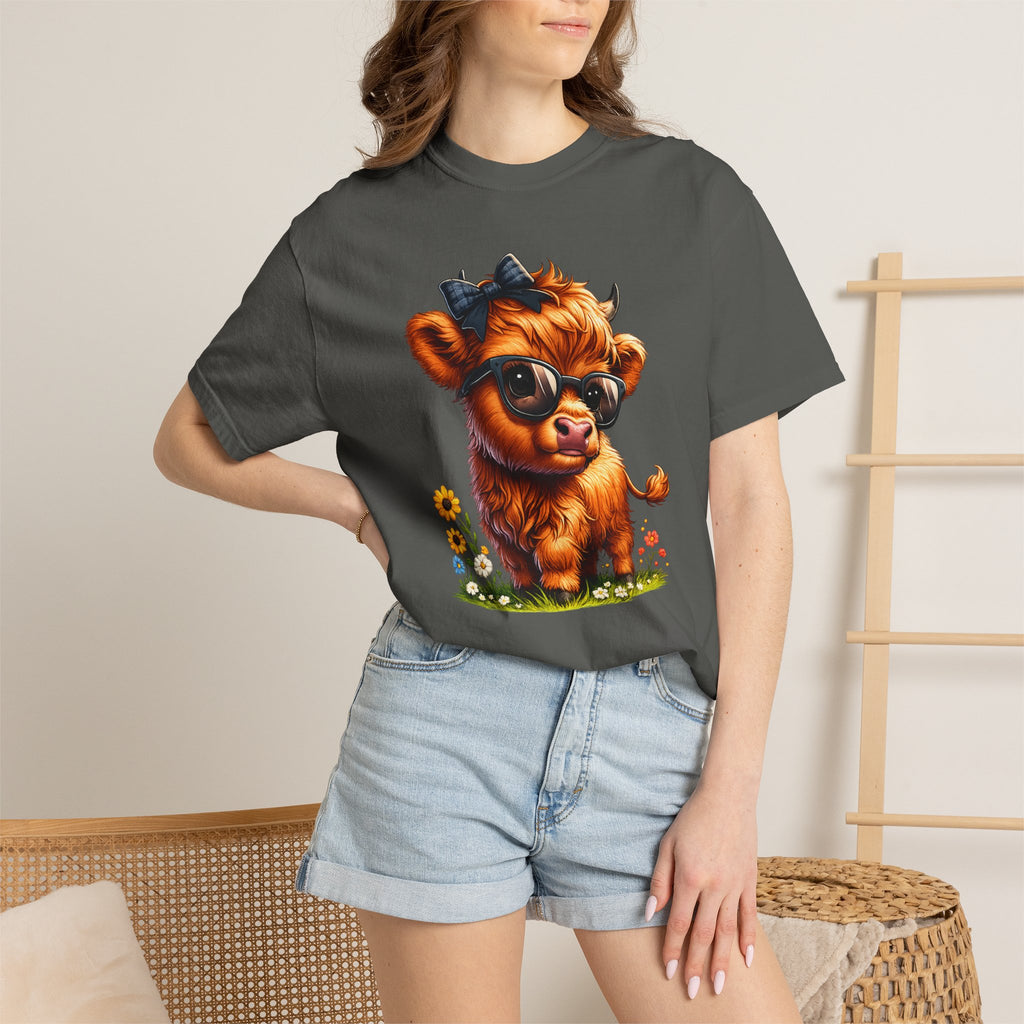 Cute Highland Calf T‑Shirt — Cool Sunglasses Cow with Flowers