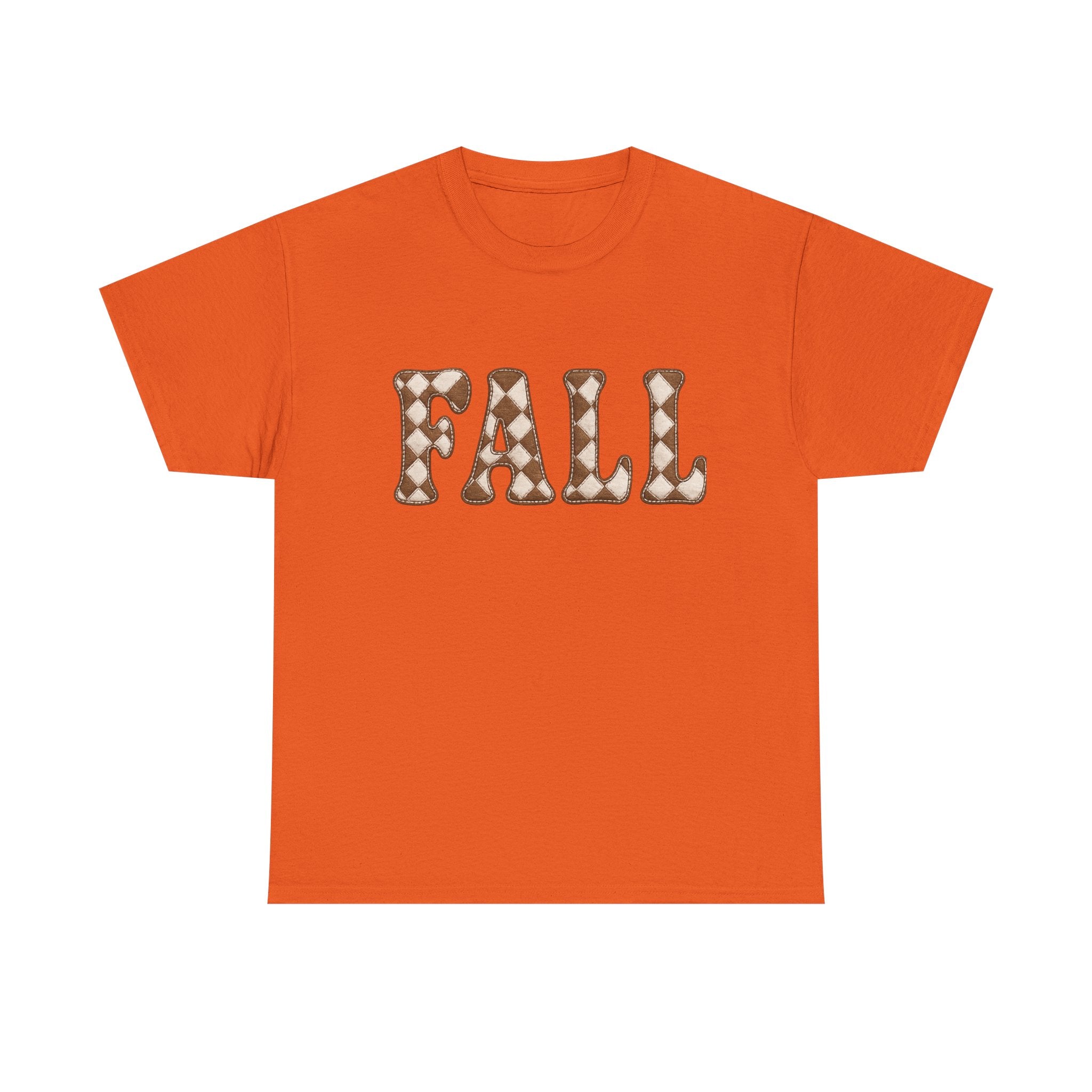 Fall Pumpkin Pattern T-Shirt — Cozy Autumn Tee with 'FALL' Lettering
