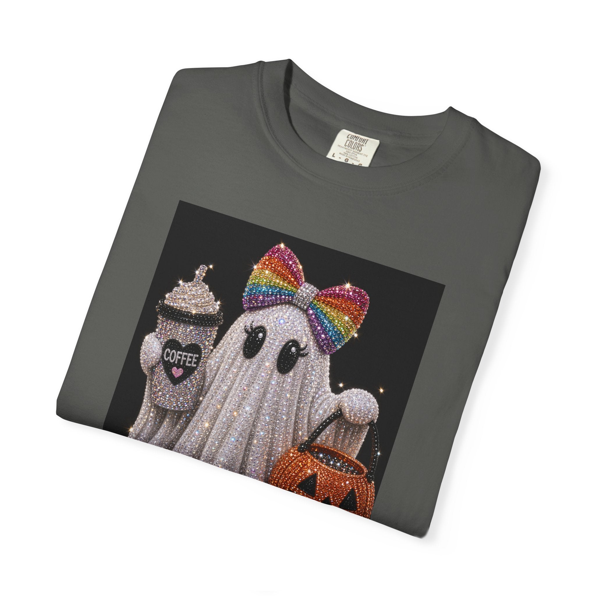 Halloween Ghost T-Shirt — Glitter Ghost with Rainbow Bow, Pumpkin & Coffee