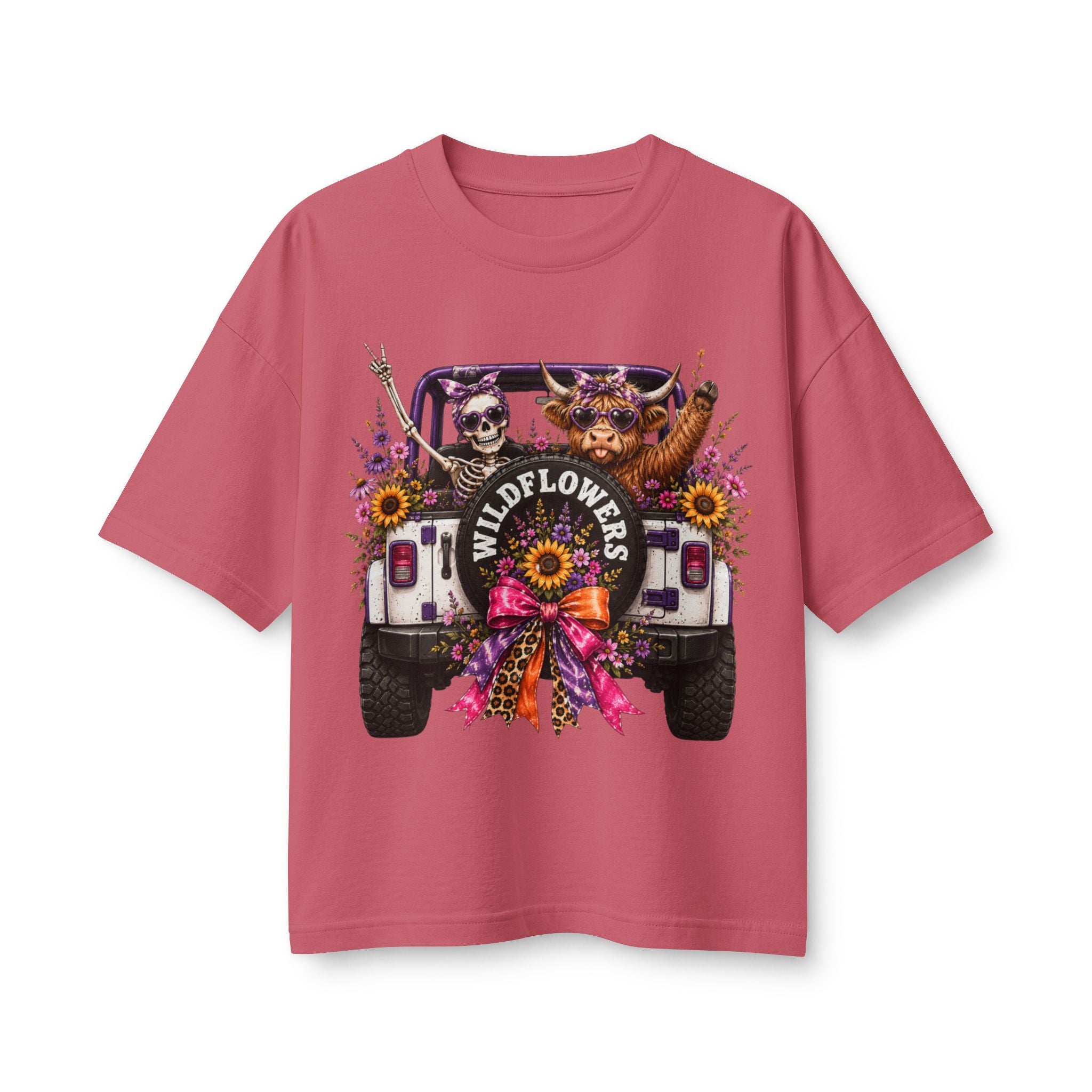 Wildflowers Jeep Crewneck Tee — Cute Skull & Pup Floral Graphic Shirt
