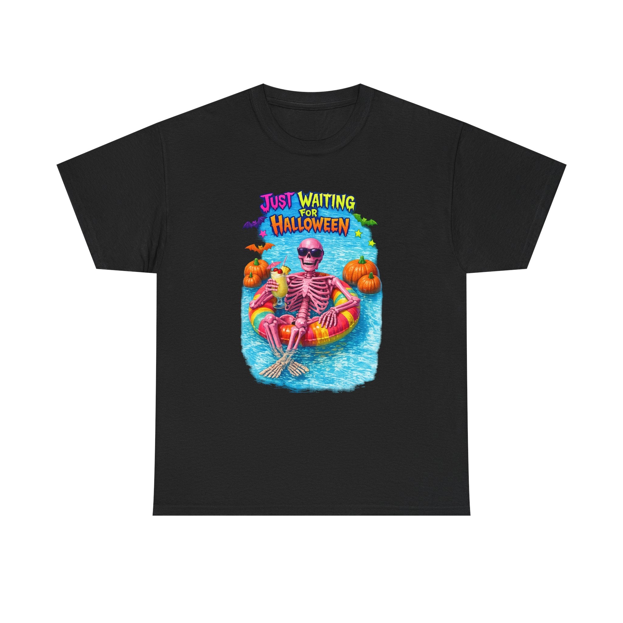 Halloween Skeleton Tee — "Just Waiting for Halloween" Pool Float Graphic T-Shirt