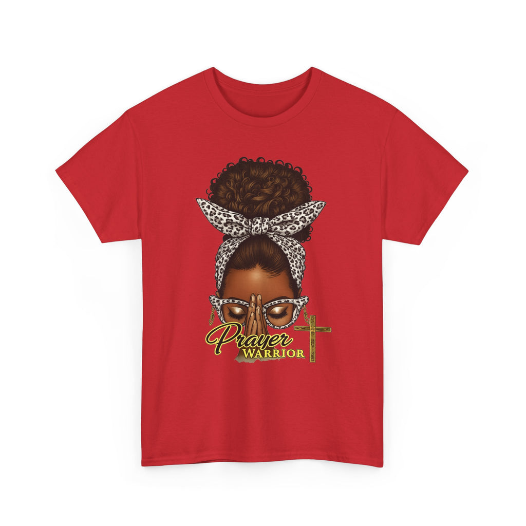Prayer Warrior T-Shirt – Black Woman Afro Bun with Leopard Scarf & Cross Graphic