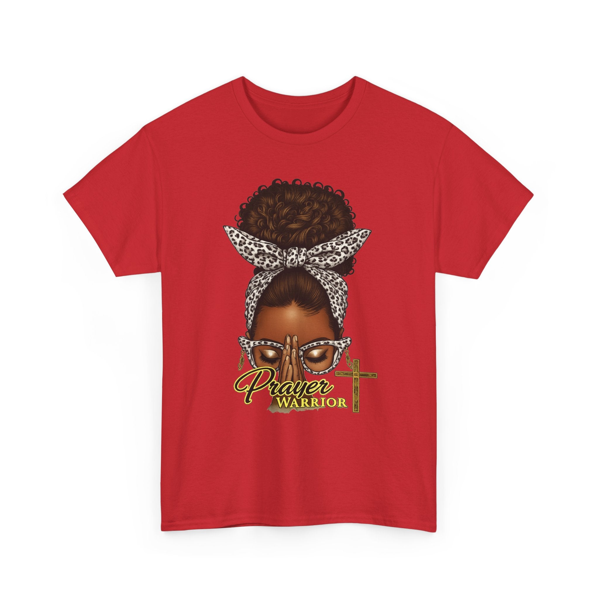 Prayer Warrior T-Shirt – Black Woman Afro Bun with Leopard Scarf & Cross Graphic